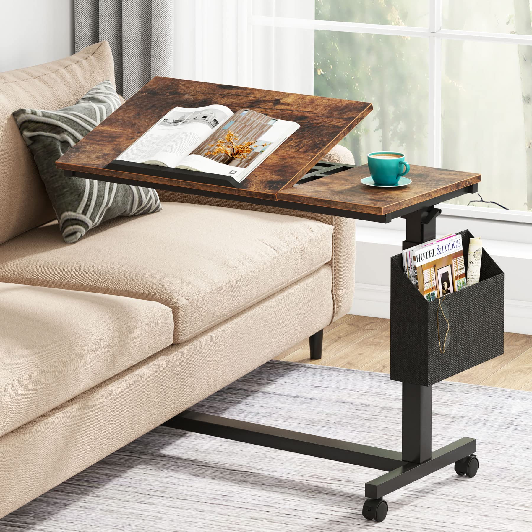 Height Adjustable C-Shaped End Table with Wheels