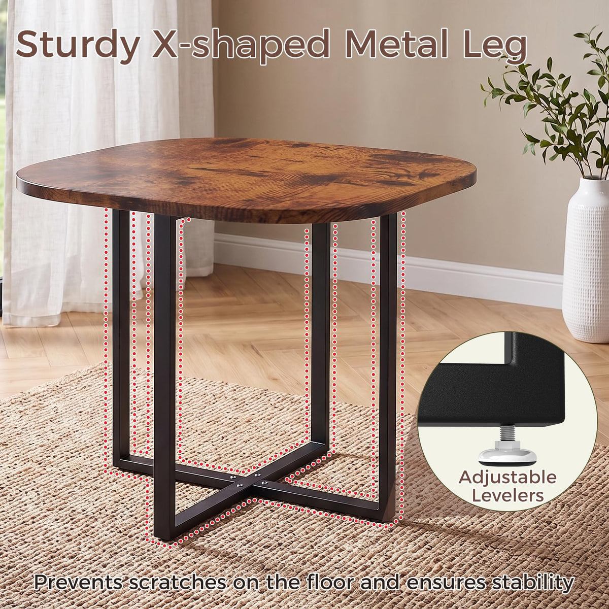 35.4" Square Dining Table with Rounded Corner, Brown Table ＆ Black Chairs