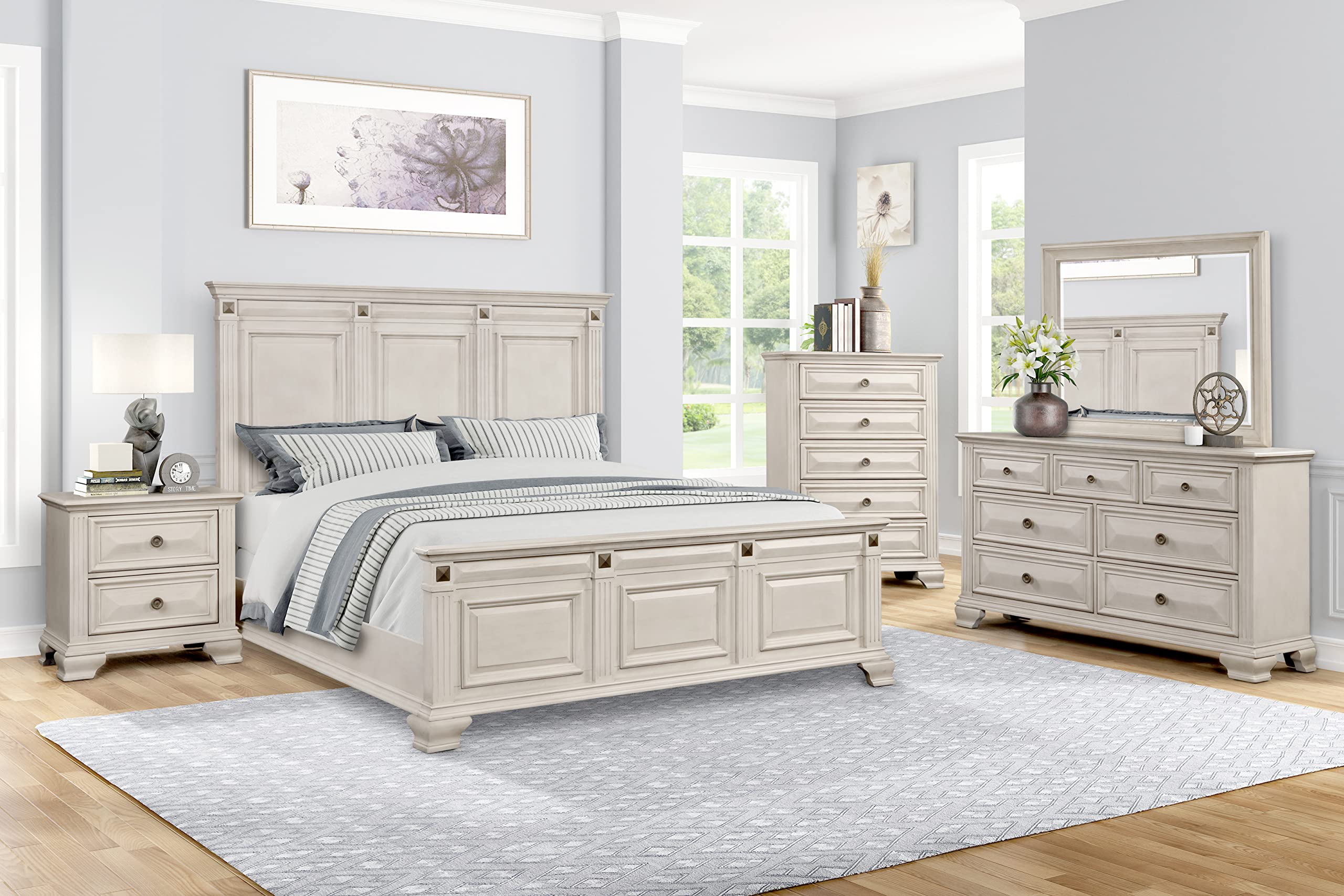 5-Piece King Bedroom Set – Traditional Panel Bed with Dresser, Mirror, Nightstand & Chest