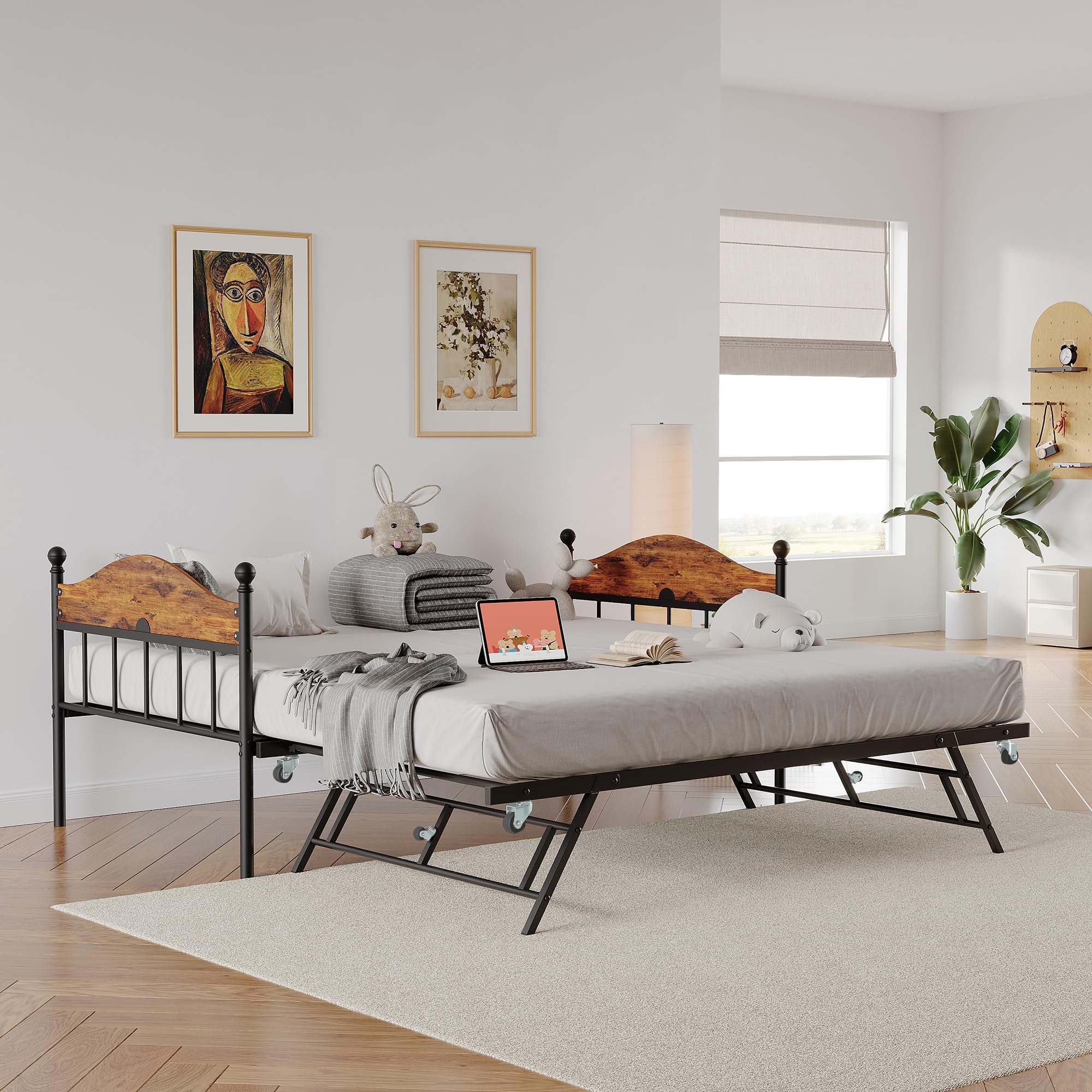 Garvee Twin Daybed with Trundle, Twin Bed Frame with with Stylish Headboard, Heavy Duty Steel Slats Platform for Living Room, Bedroom, Brown