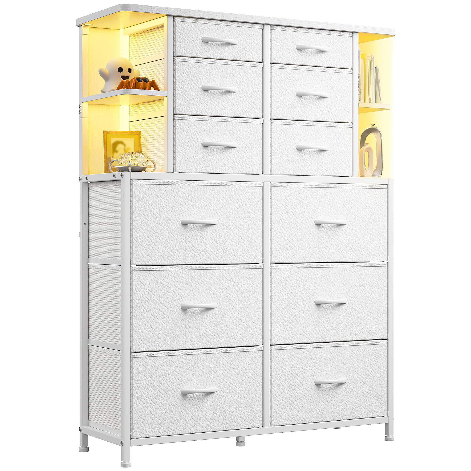 White Dresser for Bedroom with 12 Drawers & LED Lights,4 Open Storage Shelves, Fabric Dressers & Chests of Drawers for Living Room, Entryway, Dorm, Metal Frame, Wood Top,45.2" H x 35.4" W x 11.8" D