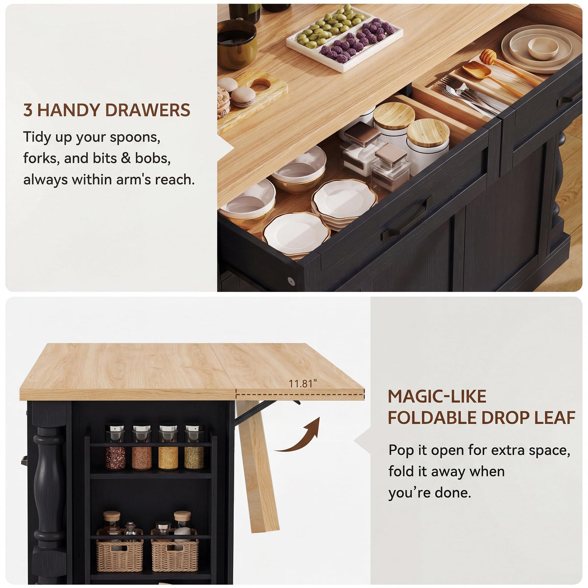 Homiflex 48" Kitchen Island with Trash Can Storage & Drop Leaf, Traditional