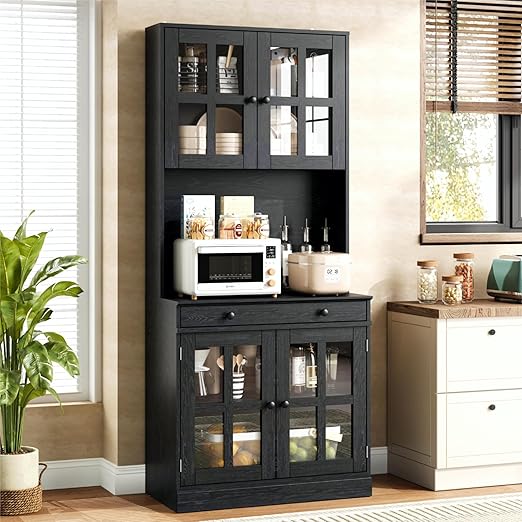 72" Farmhouse Kitchen Pantry Cabinet with Glass Doors