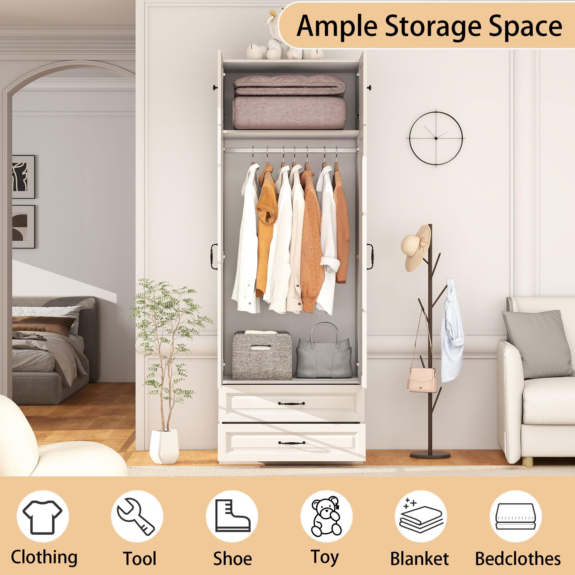 Vrmuxita Armoire Wardrobe Closet with Drawers: Bedroom Armoires with Hanging Rod, Wooden Closet Cabinet for Hanging Clothes, Tall Wardrobes Closets with Doors and Shelves (White, 32")