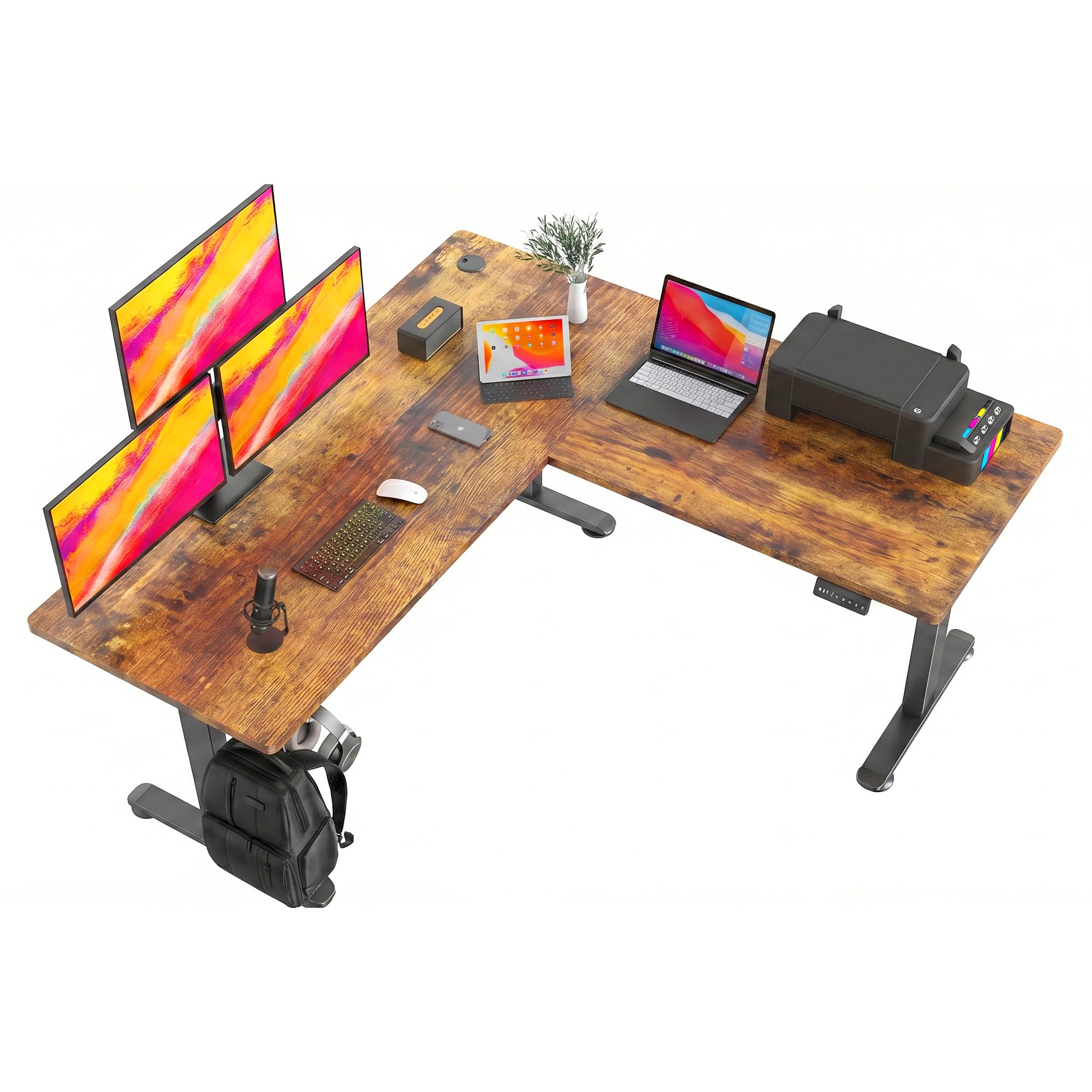 farexon L Shaped Standing Desk Adjustable Height, 63 x 55 Inch Corner Stand up Desk for Home Office with 39x18 in Mouse Pad, Electric Standing Computer Workstation with Headphone Hook, Rustic Brown