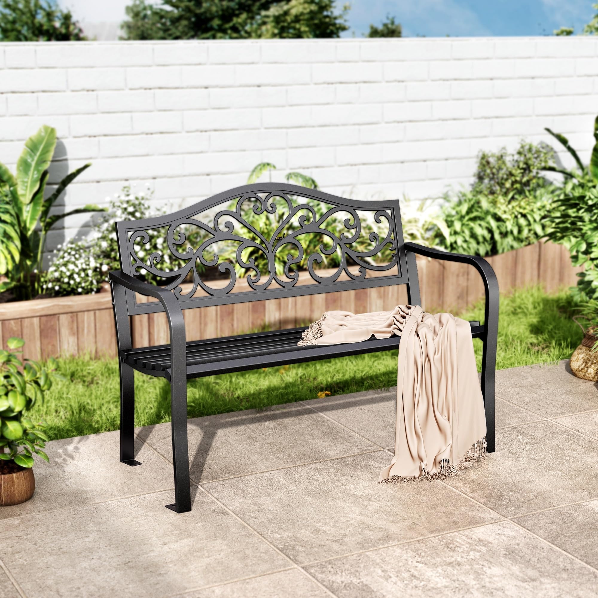 Outdoor Garden Bench with Floral Pattern Backrest