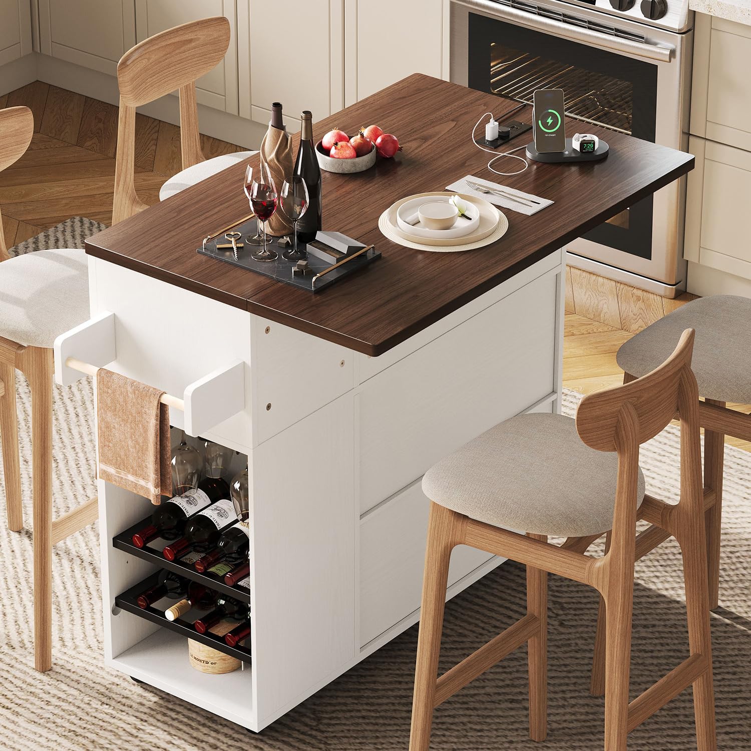 LIKIMIO 51" Mobile Kitchen Island with Drop Leaf & Power Outlet, Kitchen Rolling Island with Storage Cabinets & Drawers, Kitchen Island Cart with Glass Holder & Wine Rack for Dining Room, White