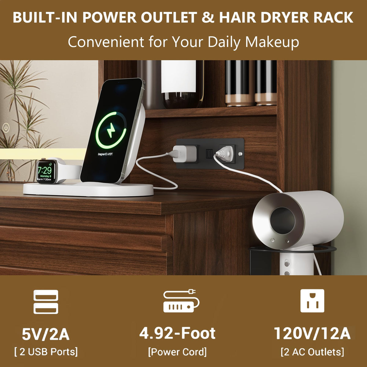 jmhdyg Makeup Vanity Desk with Lights, Fluted Vanity with 4 Drawers, Open Shelves, Power Outlet, LED Lighted Mirror, 3 Lighting Modes & Brightness Adjustable, Wood Dressing Table for Bedroom,Walnut
