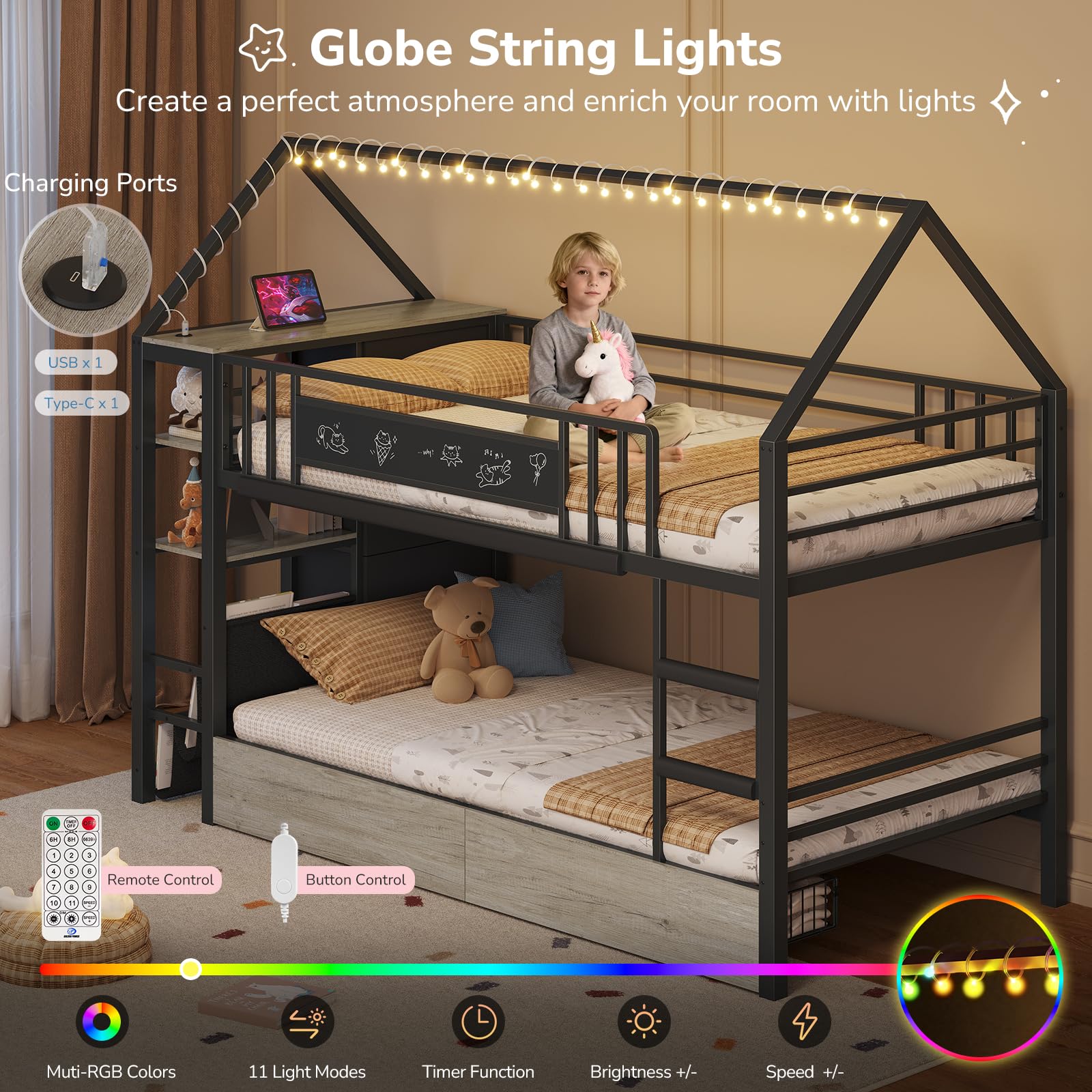 House-Shaped Twin Bunk Bed with Storage Drawers & String Lights