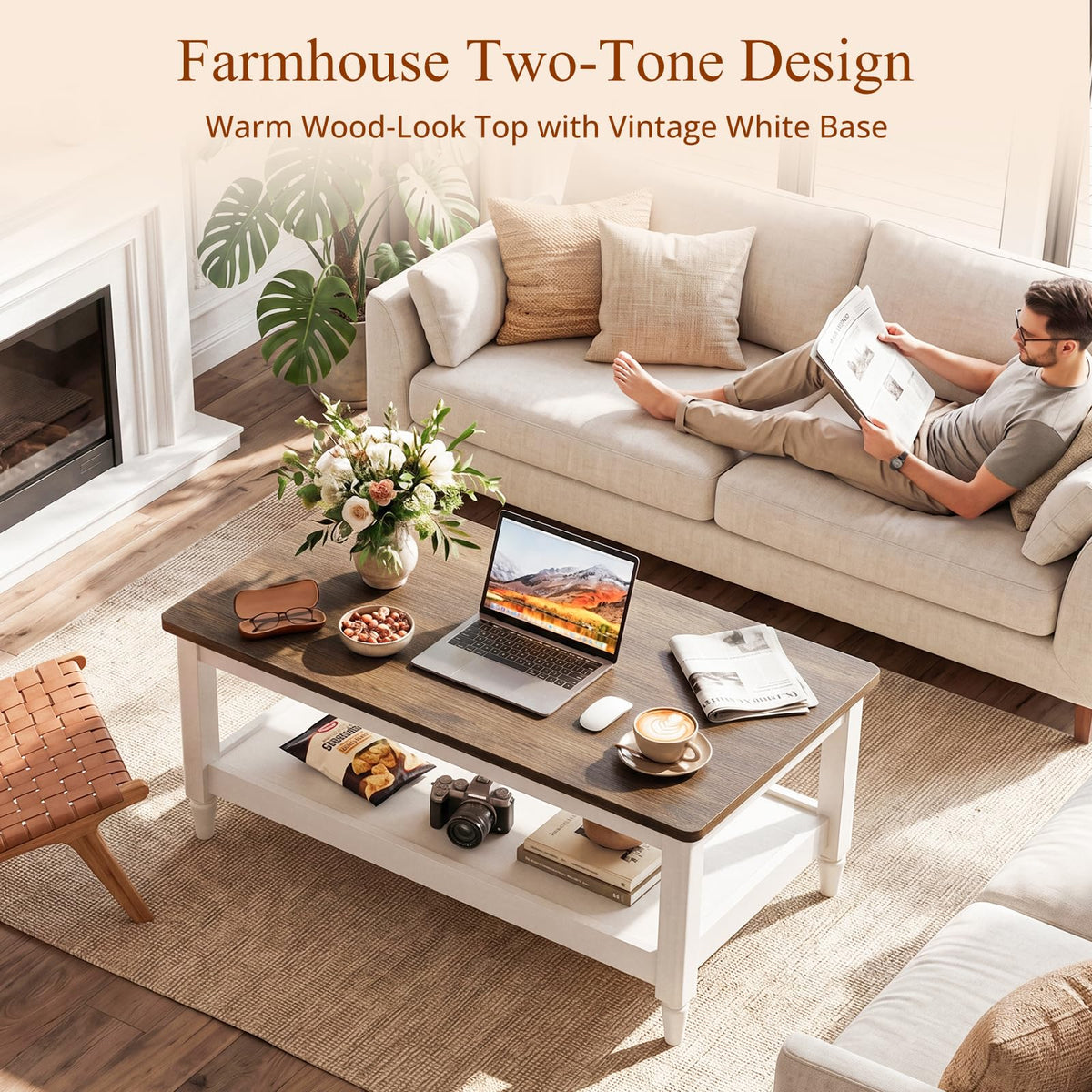 Foxemart 40" Farmhouse Coffee Table, Rustic White