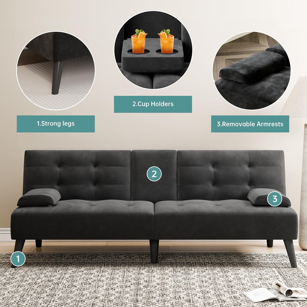 Meilocar 64" Futon Sofa Bed, Small Loveseat, Cup Holders Armrests, Black