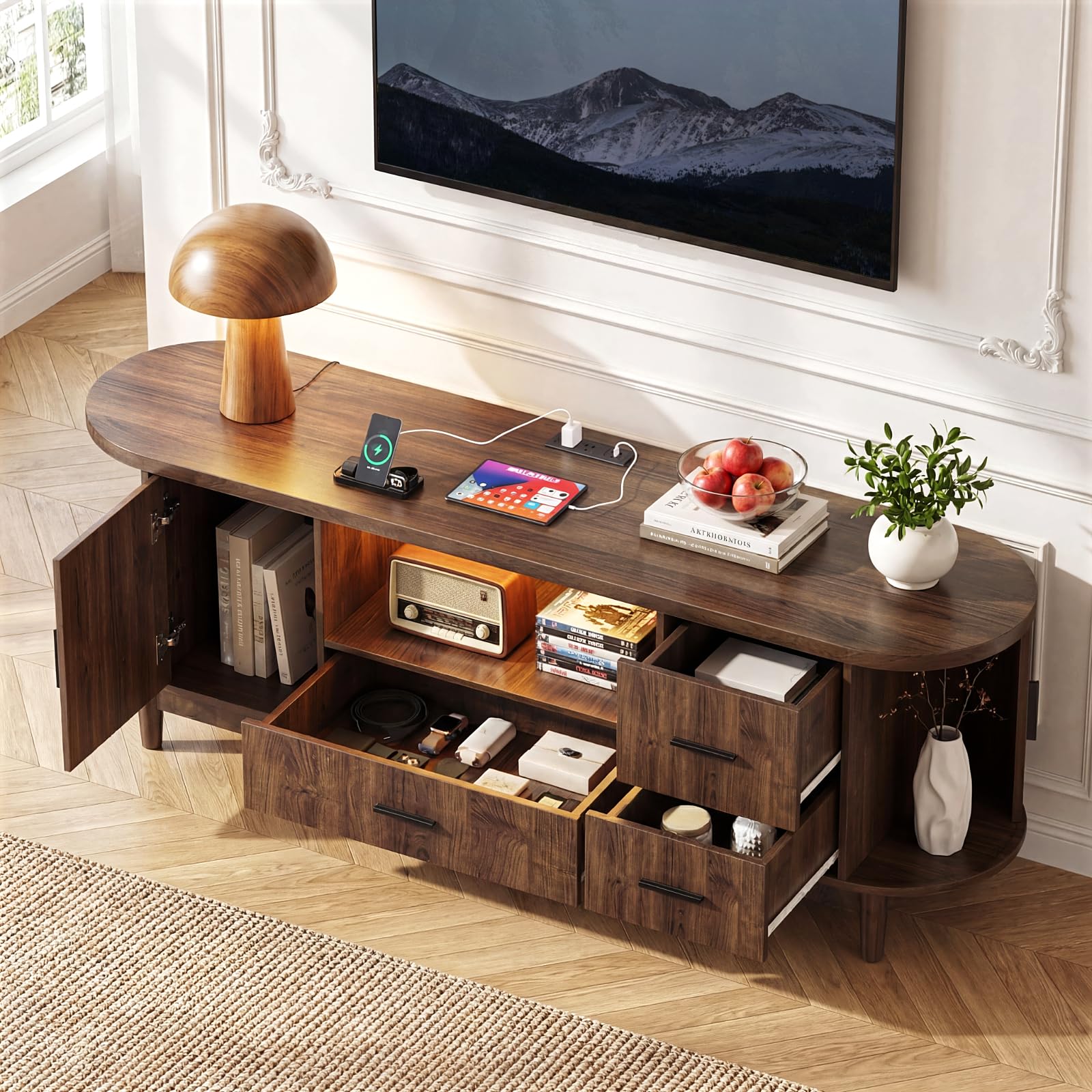 63" Mid-Century Modern TV Stand with LED Lights & Power Outlet