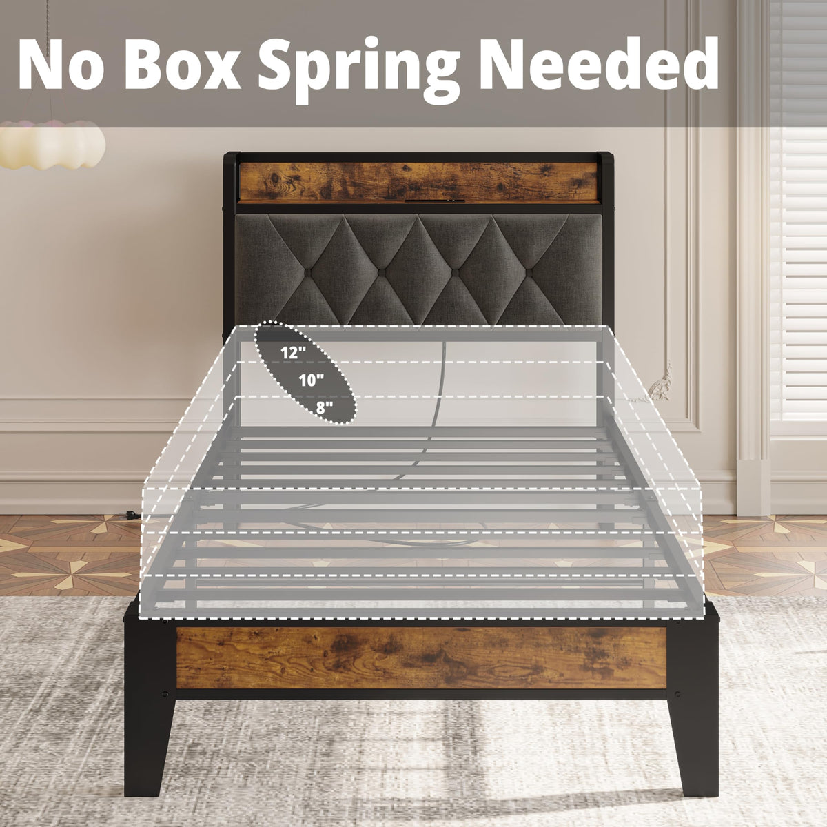 ANCTOR Twin Bed Frame, Storage Headboard with Charging Station