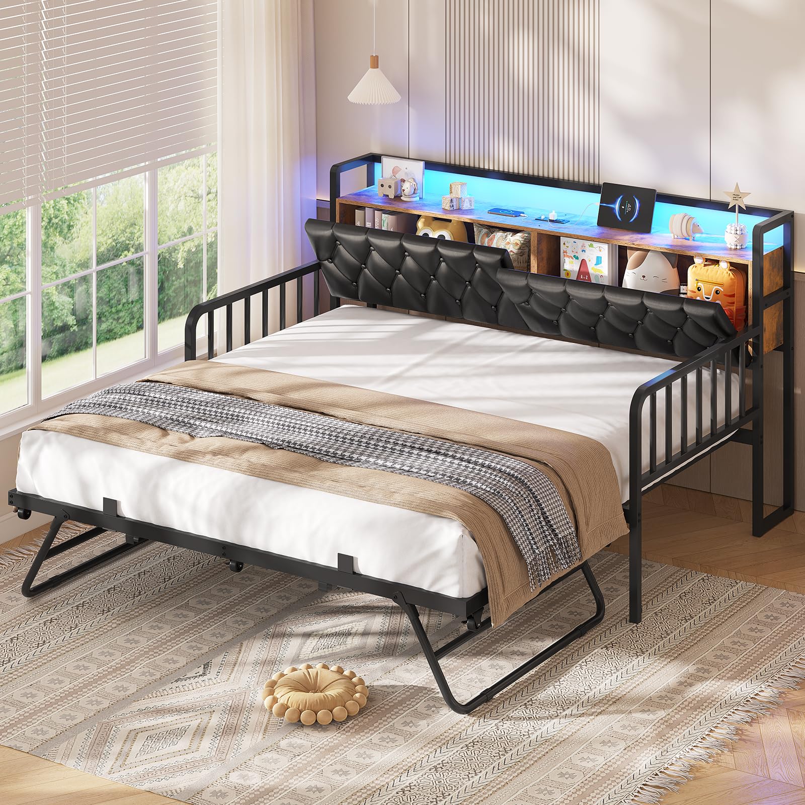 ADORNEVE Daybed with Trundle, Twin to King Daybed with Charging Station & LED Lights, Metal Trundle Bed Twin with Hidden Storage Headboard, Upholstered Sofa Day Bed for Living Room, Bedroom, Black