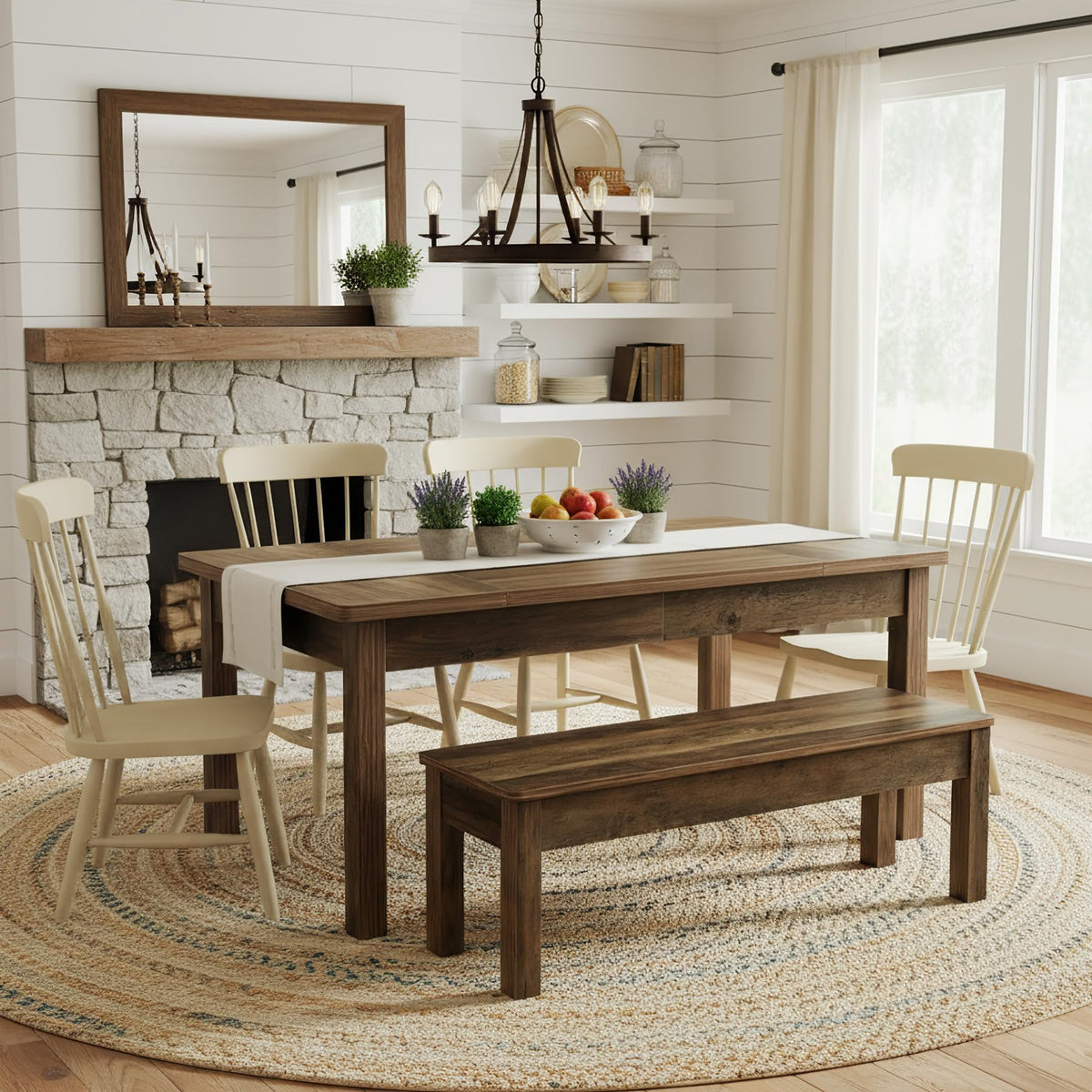 Tribesigns 55" Farmhouse Kitchen Table with 2 Dining Benches, Space Saving Dining Table Set for 4-6, 3 Pieces Wooden Dinette Set for Small Space, Restaurant, Breakfast Nook