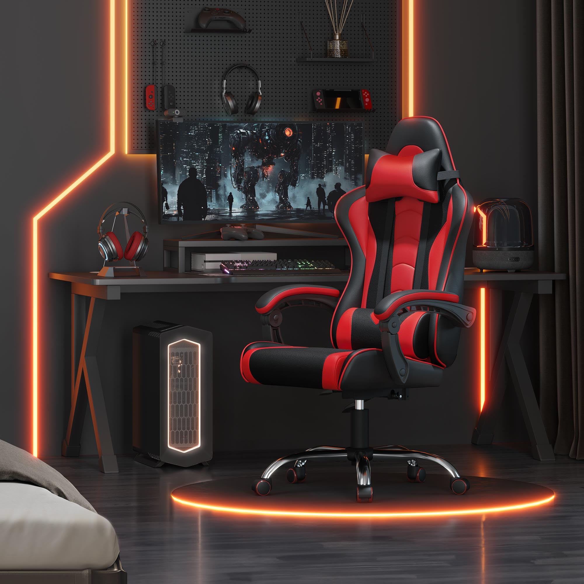 Yaheetech Gaming Chair, Computer Office Chair with Headrest and Massage Lumbar Support, Height Adjustable Ergonomic Chairs with Swivel Seat, Black/Red