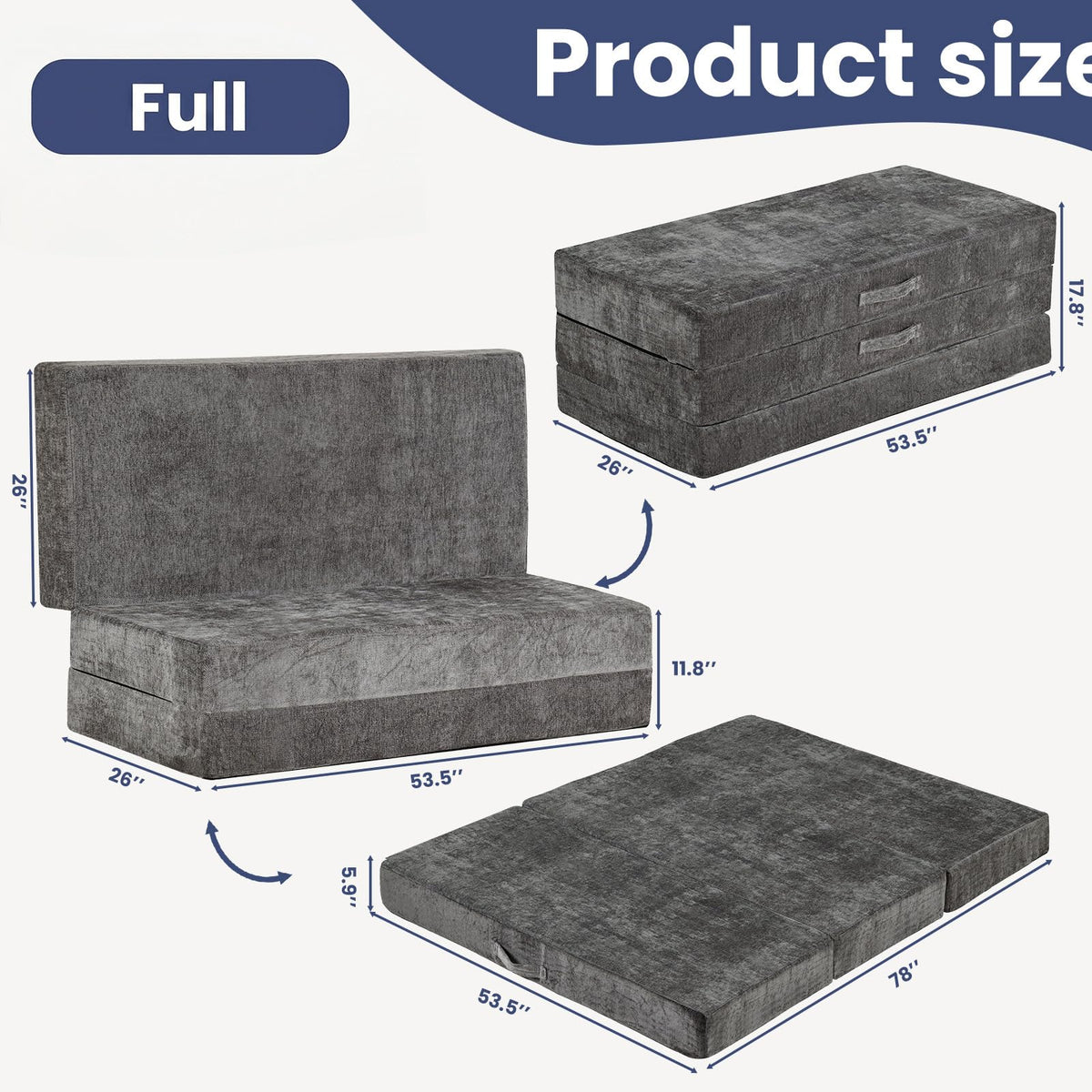 JUIKURY Cool & Breathable Chenille 6 Inch Memory Foam Foldable Futon Sofa Bed with Handles & Non-Slip Bottom, Covertible Sofa Bed for Guest, Camping, Dorm