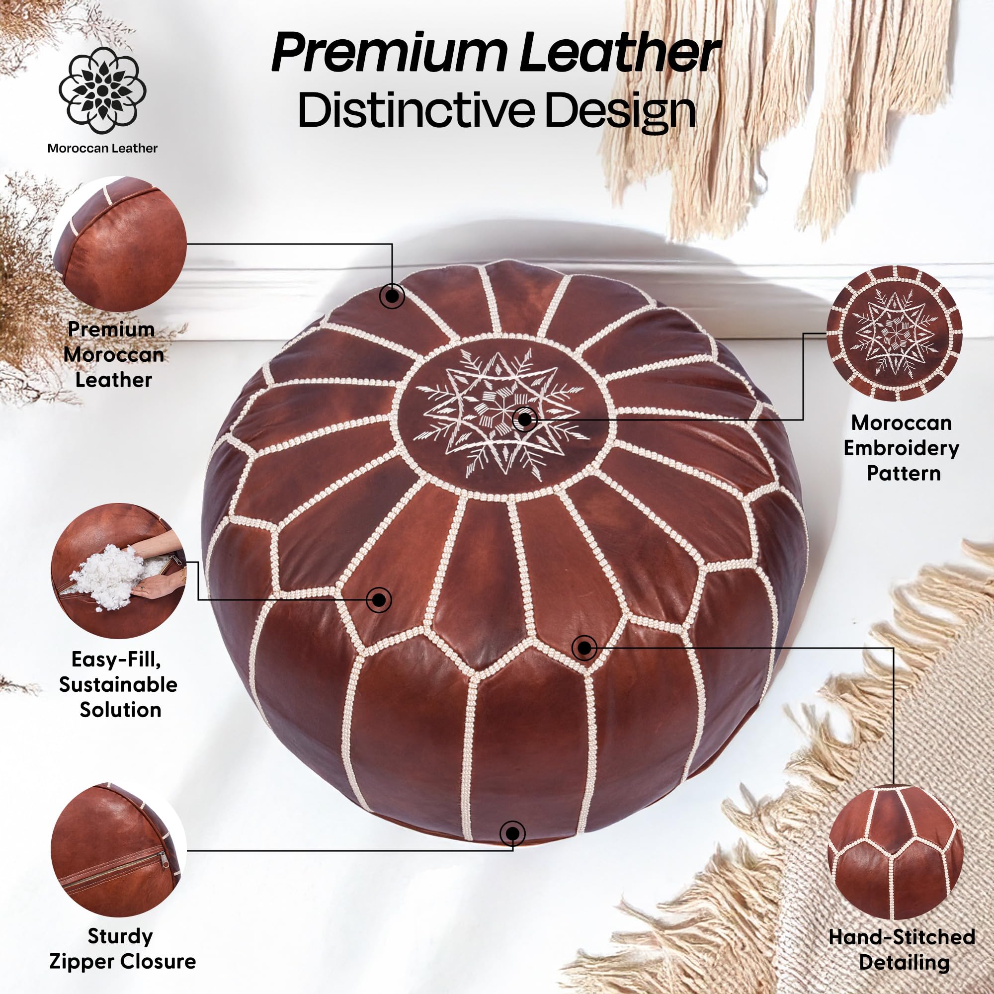 Moroccan Leather Handmade Pouf Ottoman Cover, Unstuffed Foot Stool, Round Boho Footrest for Living Room, Bedroom, Home Decor Gift (Dark Brown)