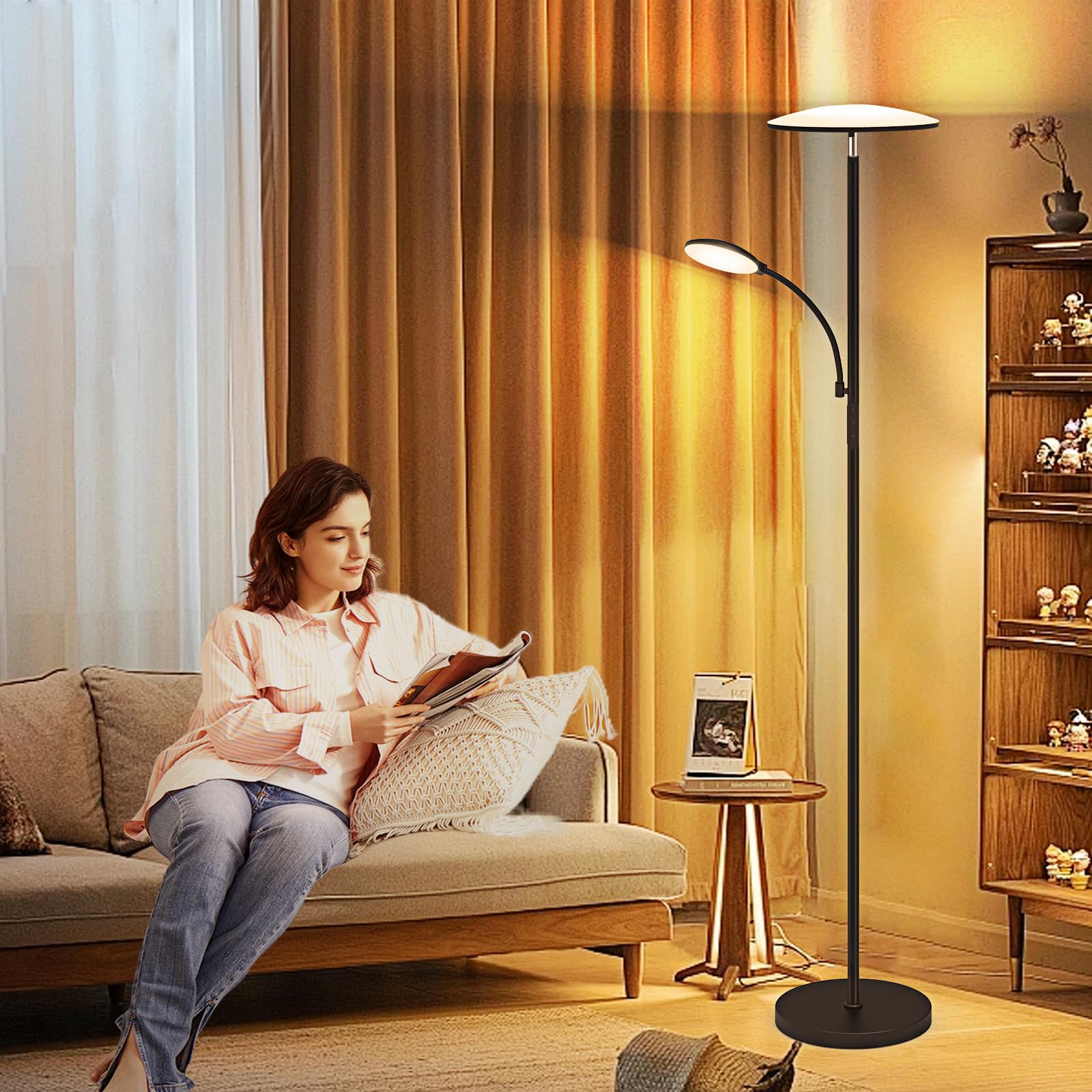 Floor Lamp, Upgraded 42W 4500LM Super Bright LED Floor Lamp with Rotatable Reading Light, Touch Remote Control & Memory Function, Stepless Dimmable Standing Lamp for Living Room Bedroom Office, Black