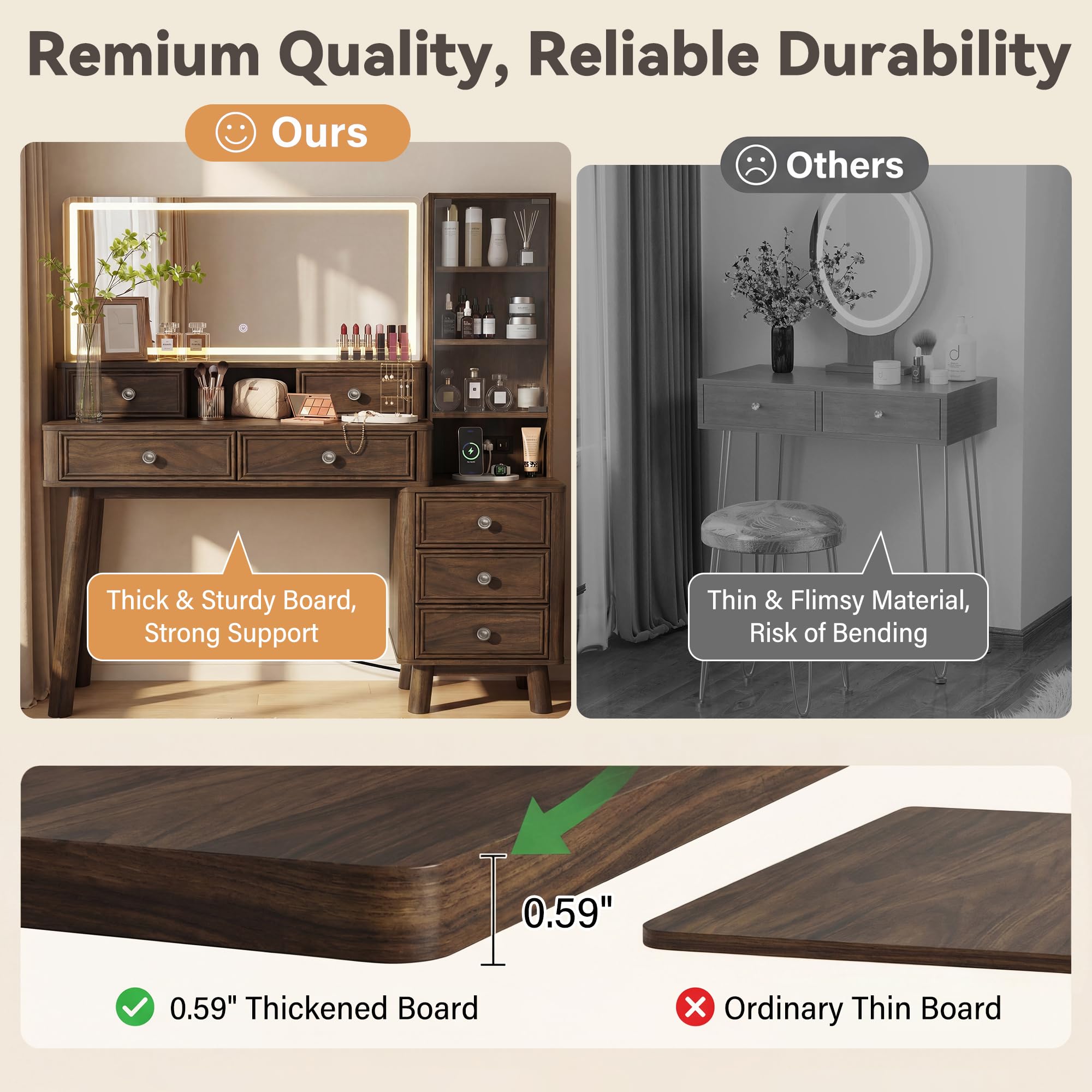 Furmax 48" Makeup Vanity Desk with Large Mirror and Lights,Big Wood Vanity Table with 5 Drawers＆Glass Storage Cabinet with Adjustable Shelves,Dressing Table with Charging Station for Bedroom (Walnut)
