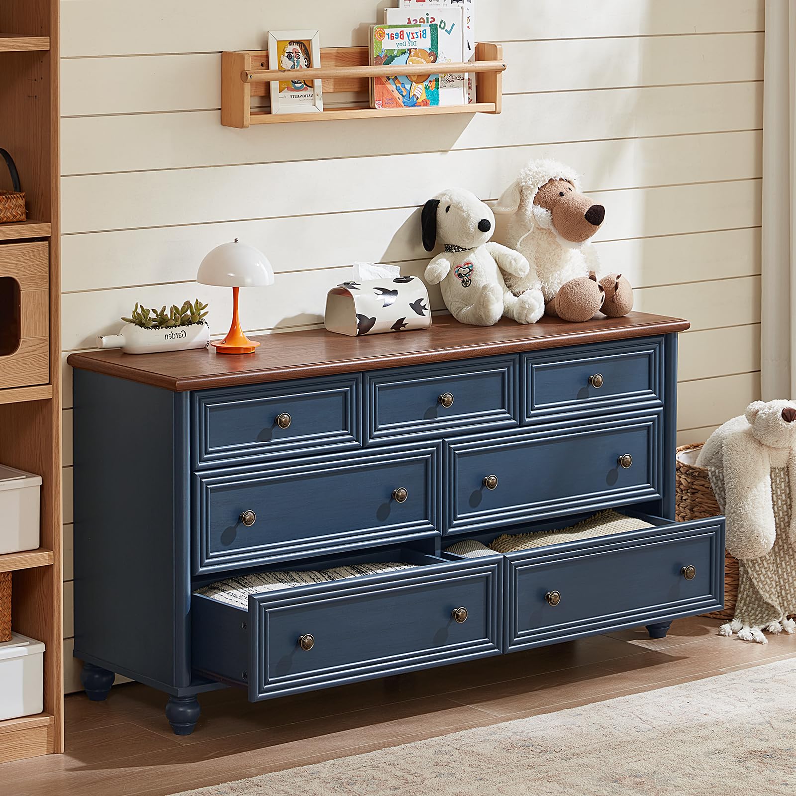 RWYHG Farmhouse Dressers and Nightstand Set of 2, Wood 54" Wide 7 Drawer Dresser 14'' Narrow Side Table with Charging Station, Roman Column Bedroom Furniture Dressers Sets for Home Living Room Hallway