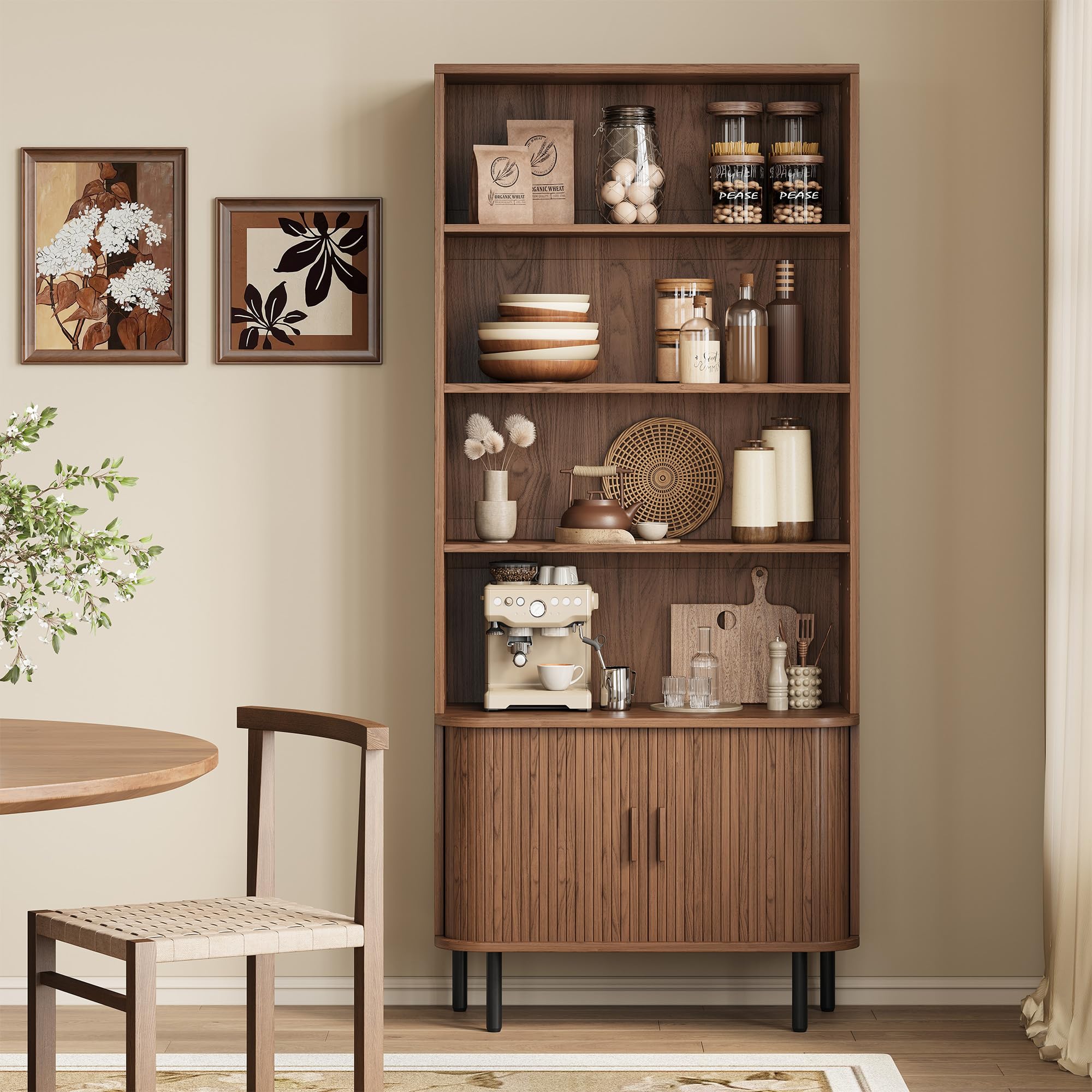 5-Tier Tall Bookshelf with Cabinet, 71" Fluted Bookcase with Sliding Door, Adjustable Display Shelf, Free Standing Cube Storage Organizer, Wood Shelving Unit for Living Room, Home Office, Walnut