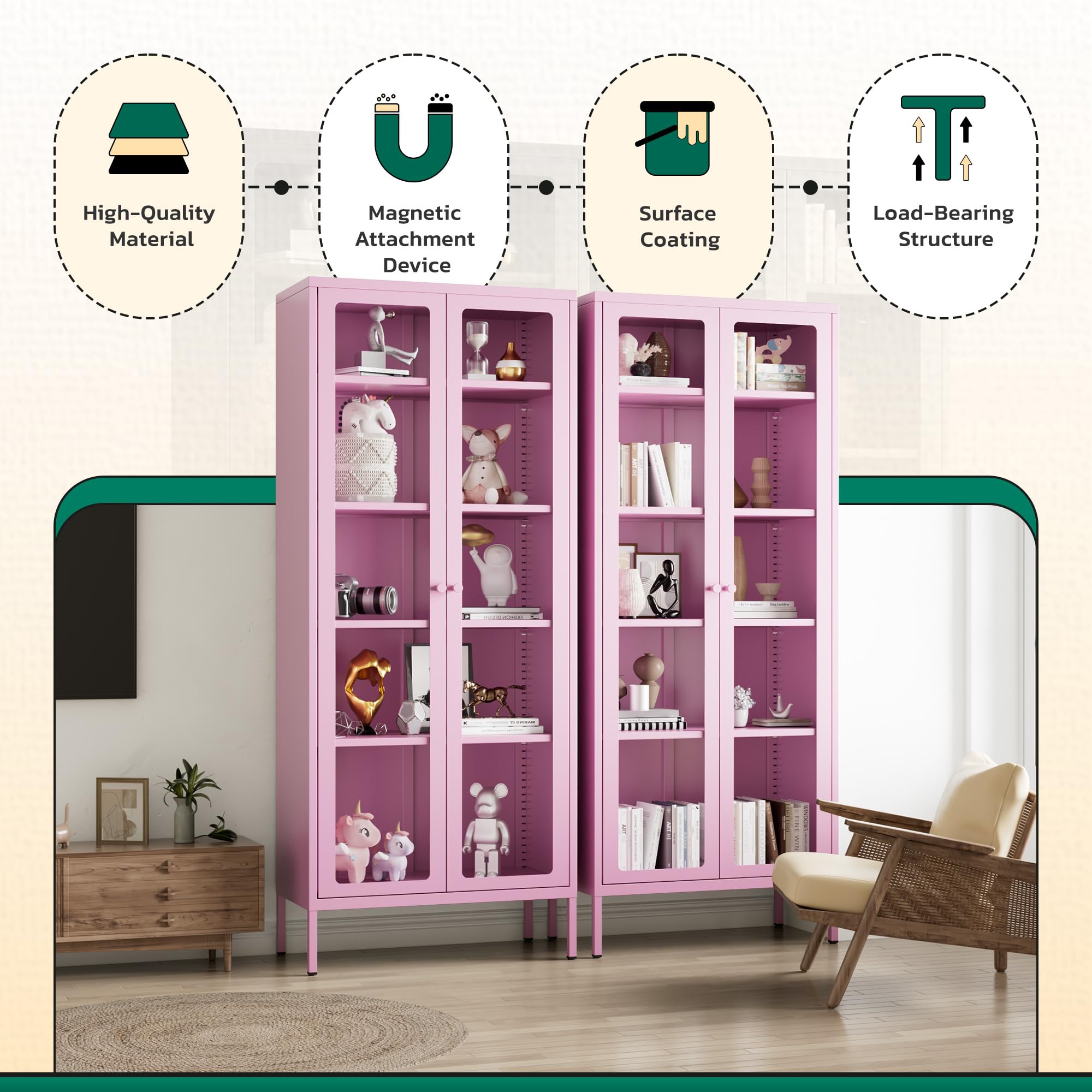 Greenvelly 5-Tier Glass Display Cabinet, Pink Metal Display Cabinet with Glass Doors, 67" Tall Curio Cabinet with Tempered Glass Doors for Home Office, Living Room, Pantry