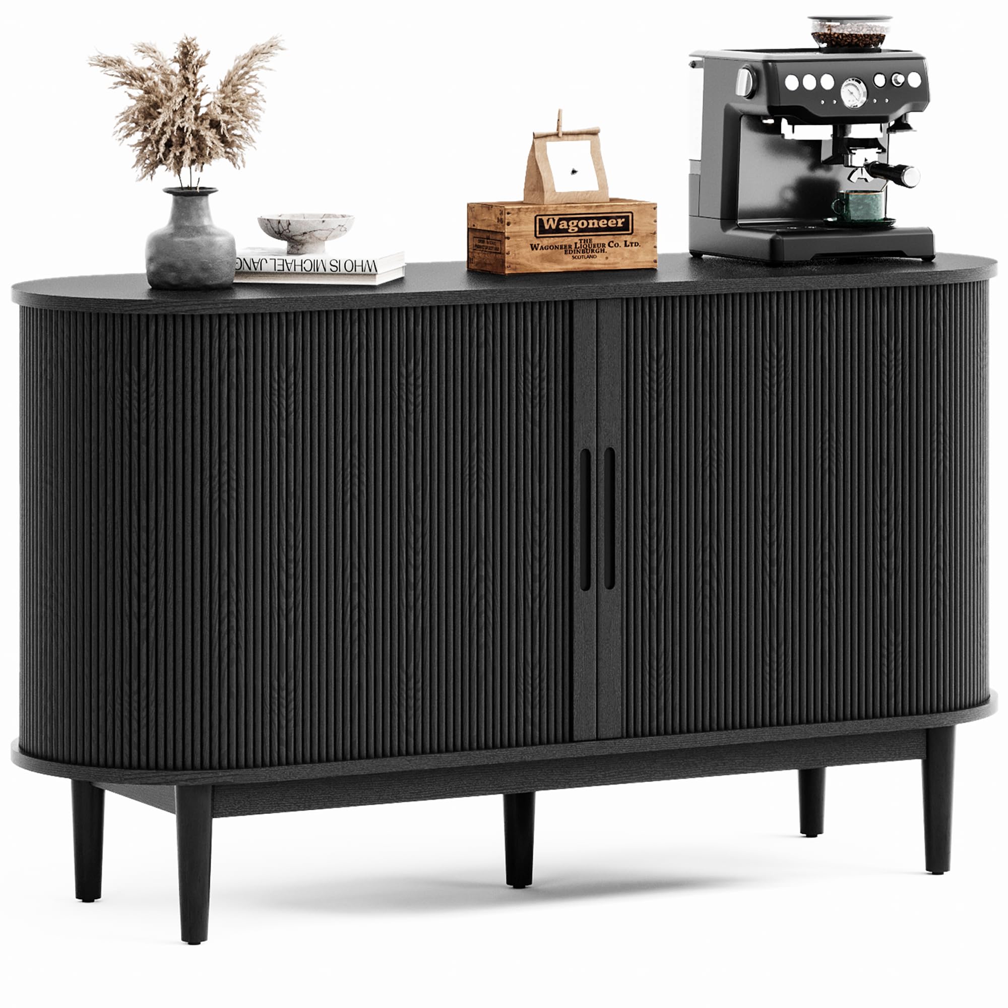 LINSY HOME Sideboard Buffet Cabinet with Storage, 55" Fluted Coffee Bar Cabinet with Tambour Sliding Doors and Drawer, Mid Century Modern Wood Storage Buffet Table for Kitchen (Black)