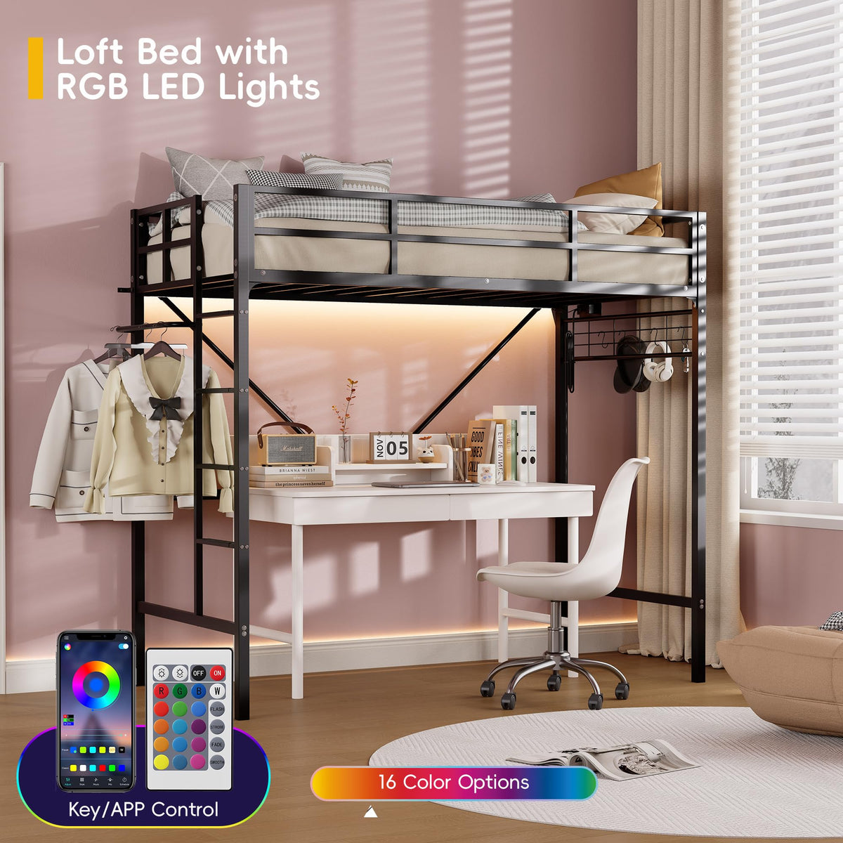 Twin Metal Loft Bed with LED Lights