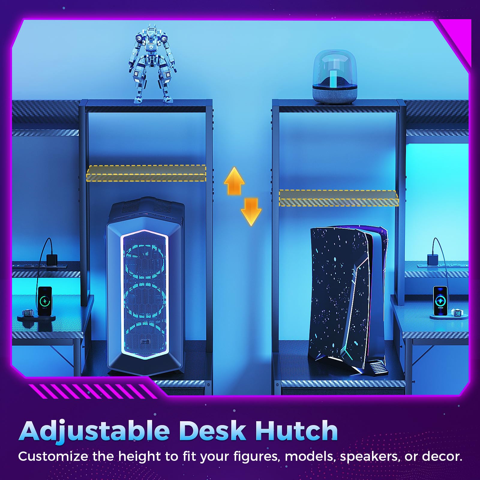 Casaottima 48 Inch Gaming Desk with Hutch & 3 Fabric Drawers, Computer Desk with USB Ports & LED Lights, Reversible Pc Gamer Table with Monitor Stand for Home Office, Carbon Fiber Black