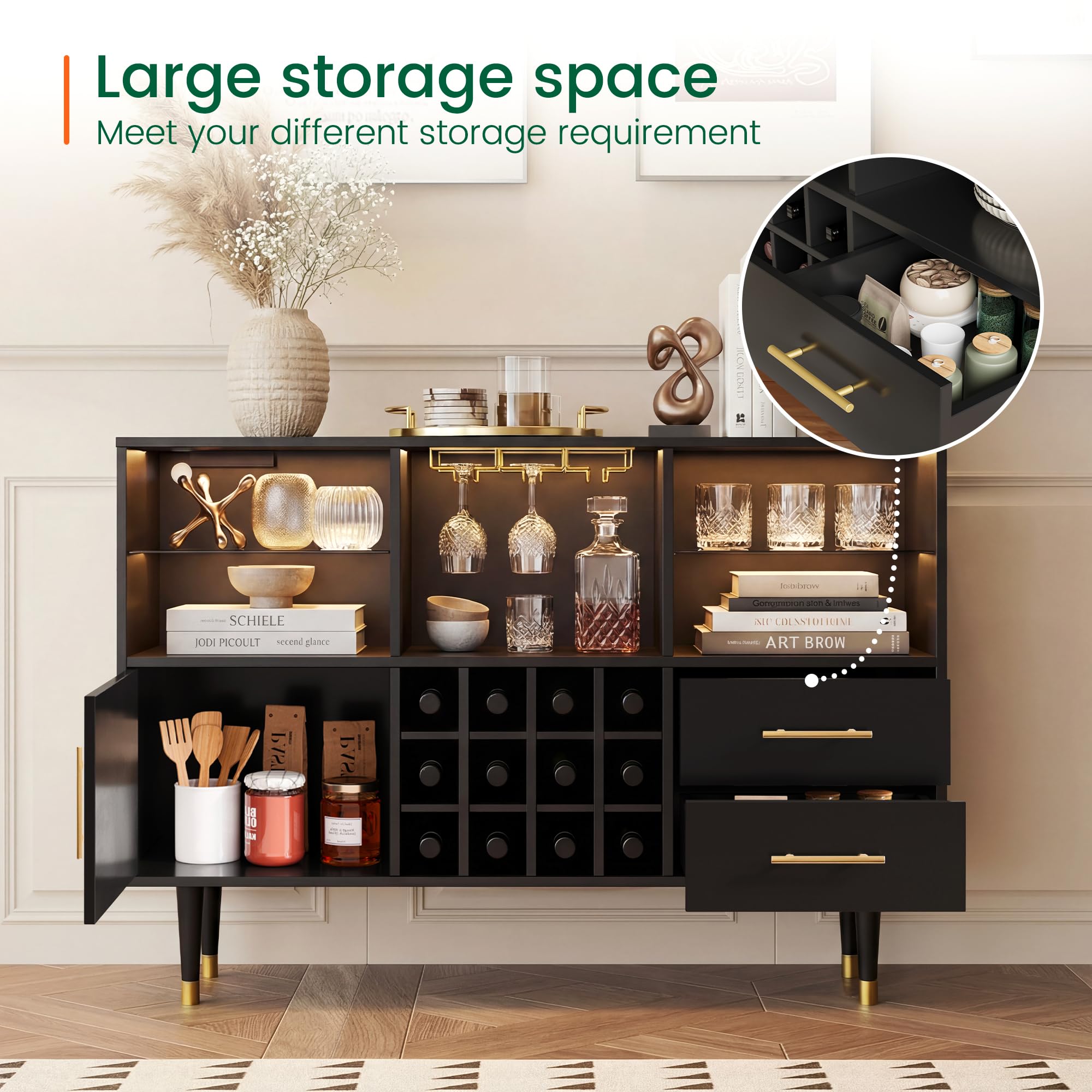 LARMACE 47.2" Modern Wine Bar Cabinet with LED Lights, Liquor Cabinet with Doors and Storage, Coffee Bar Station and Buffet Sideboard for Home Bar,Kitchen,Living Room,Black
