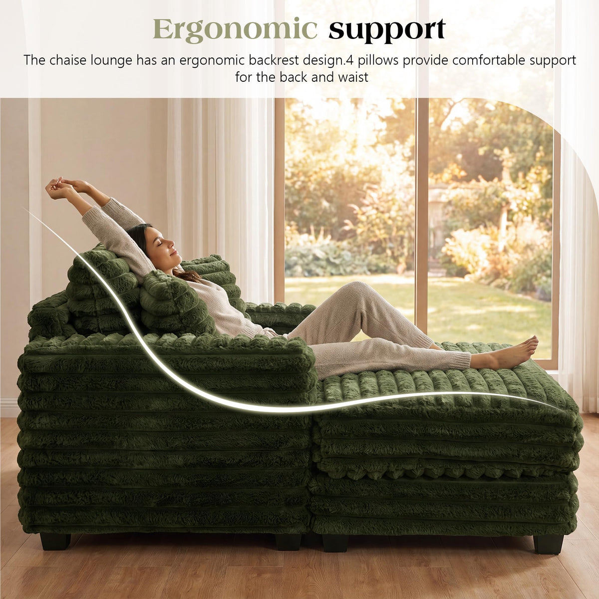 TUNYI Oversized Chaise Lounge Chair Indoor, Faux Fur Upholstered Sofa Bed with Wood Frame, Sleeper Couch Throw Pillow and Armrest for Living Room, Movie Room, Bedroom, Guest Room (Green)