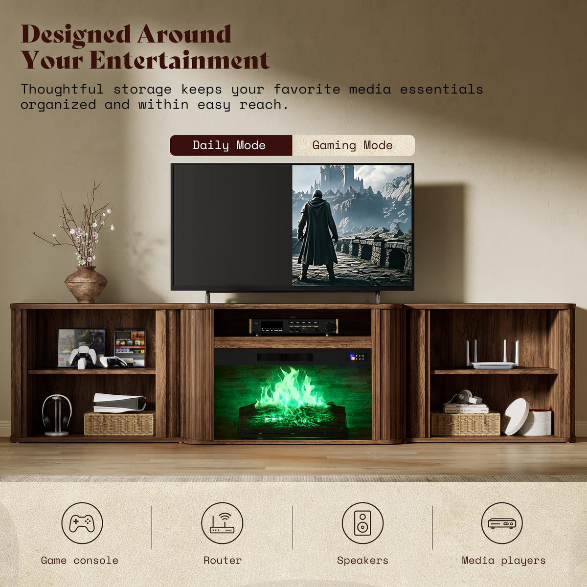 AMERLIFE 97" Fluted Electric Fireplace TV Stand, Mid Century Modern, Walnut