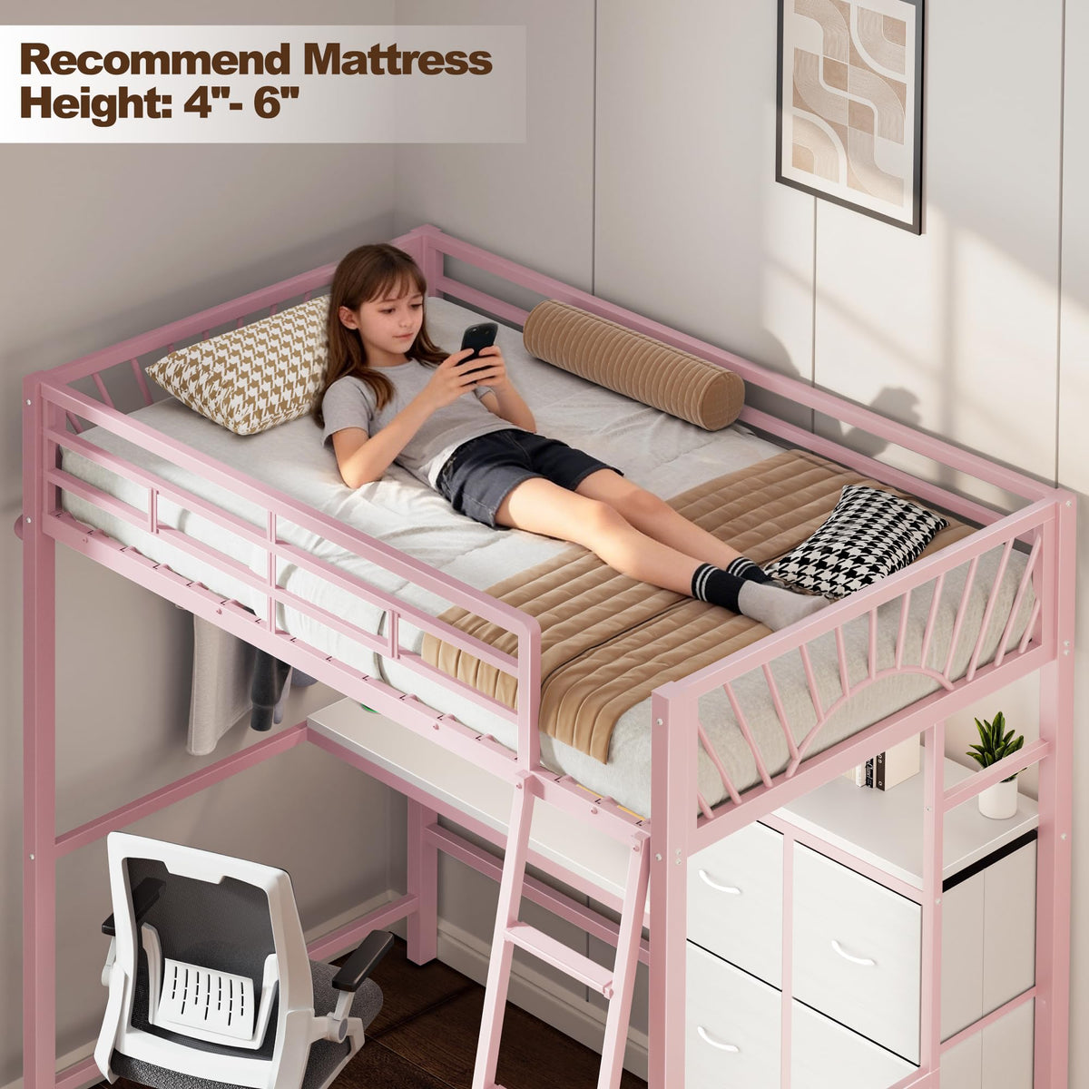 Twin Loft Bed with Desk and 6 Storage Drawers, Charging station & LED, Pink