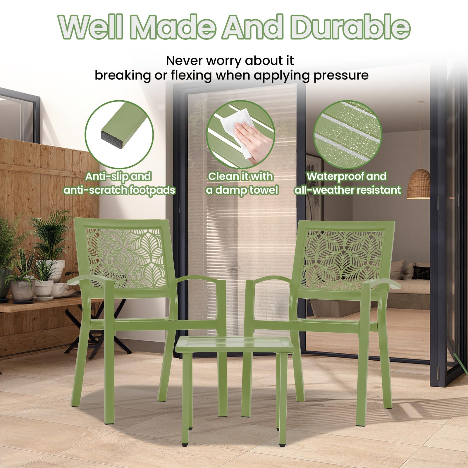 BUPPLEE 3 Piece Patio Bistro Set, Outdoor Steel Furniture Set, Stackable Modern Conversation Sets for Balcony Garden Deck Patio w/2 Chairs 1 Table, Sauge Green