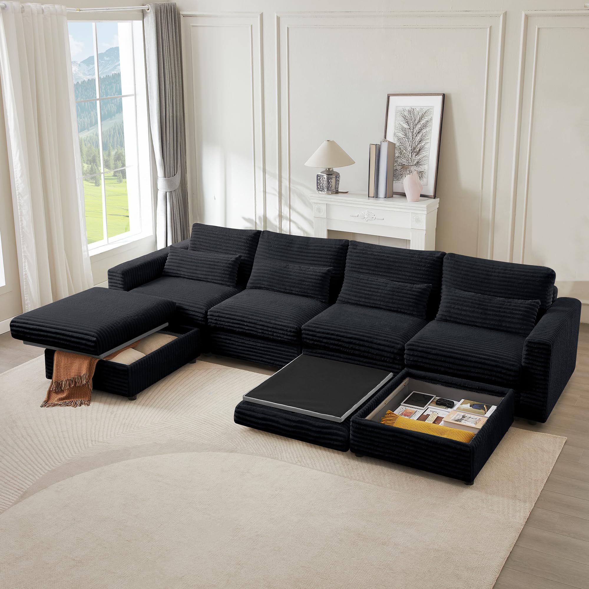 Mofolit Corduroy Ottoman with Storage,16.5Inch Height Square Ottomans Easy of Assembly, Couch Ottoman for Living Room,Apartment and Bedroom .(Black, Ottoman)