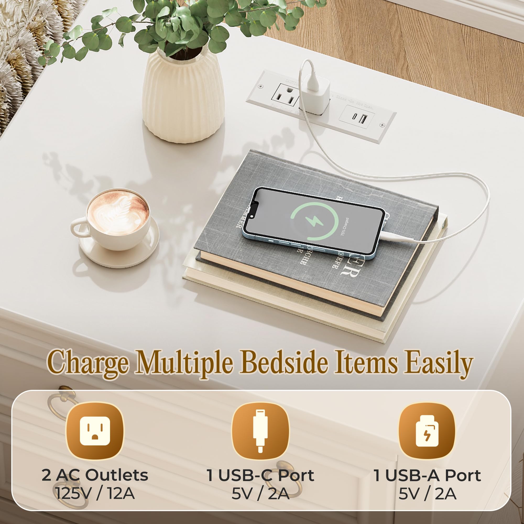 Tall Nightstand with Charging Station & 2 Drawers