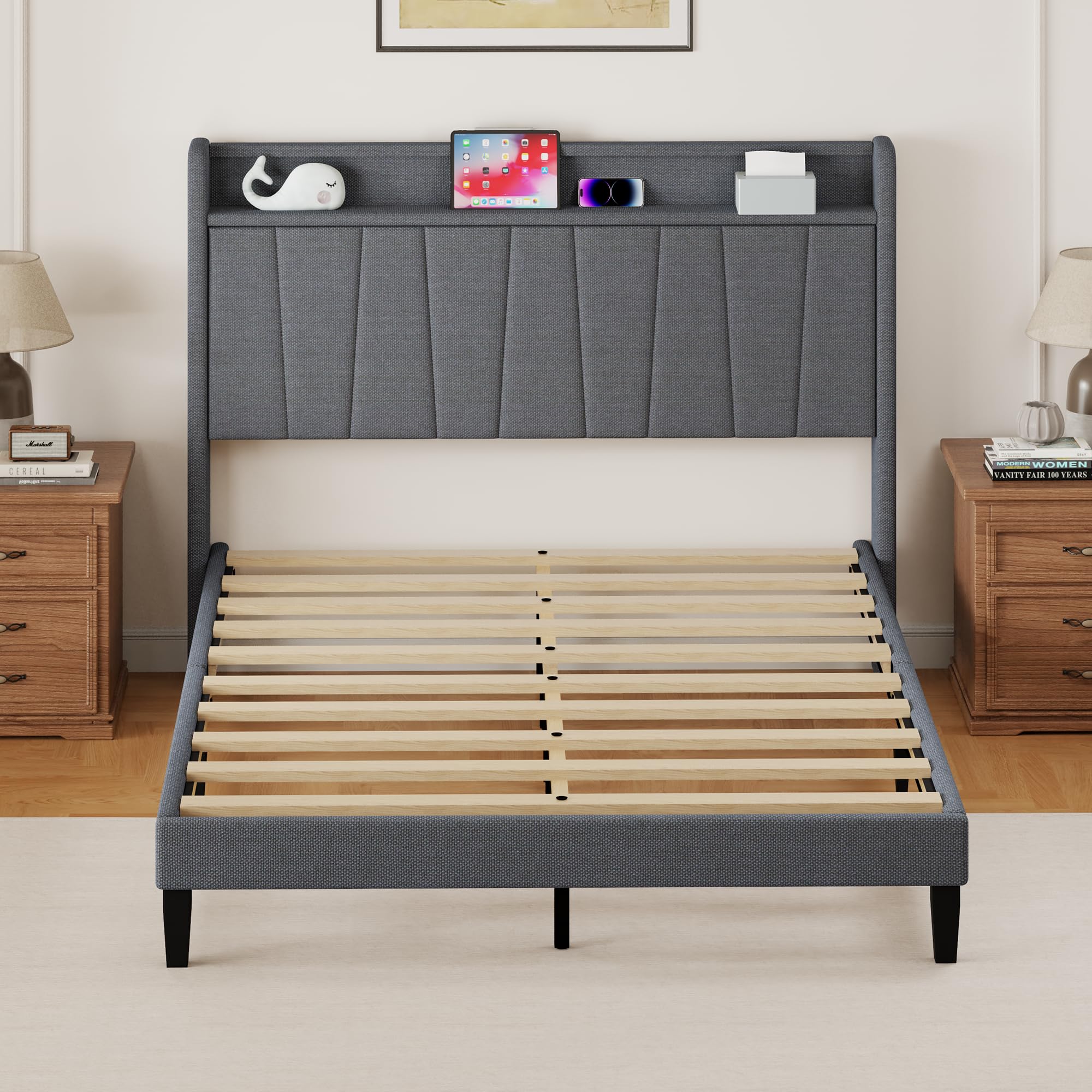 Pingliang Home Queen Size Bed Frame, Linen Upholstered Platform Bed with Storage Headboard, Strong Wooden Slats Support, No Box Spring Needed, Easy Assembly, Dark Grey