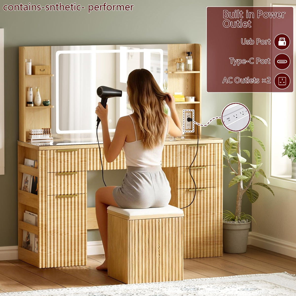 Fluted Makeup Vanity with Lighted Mirror