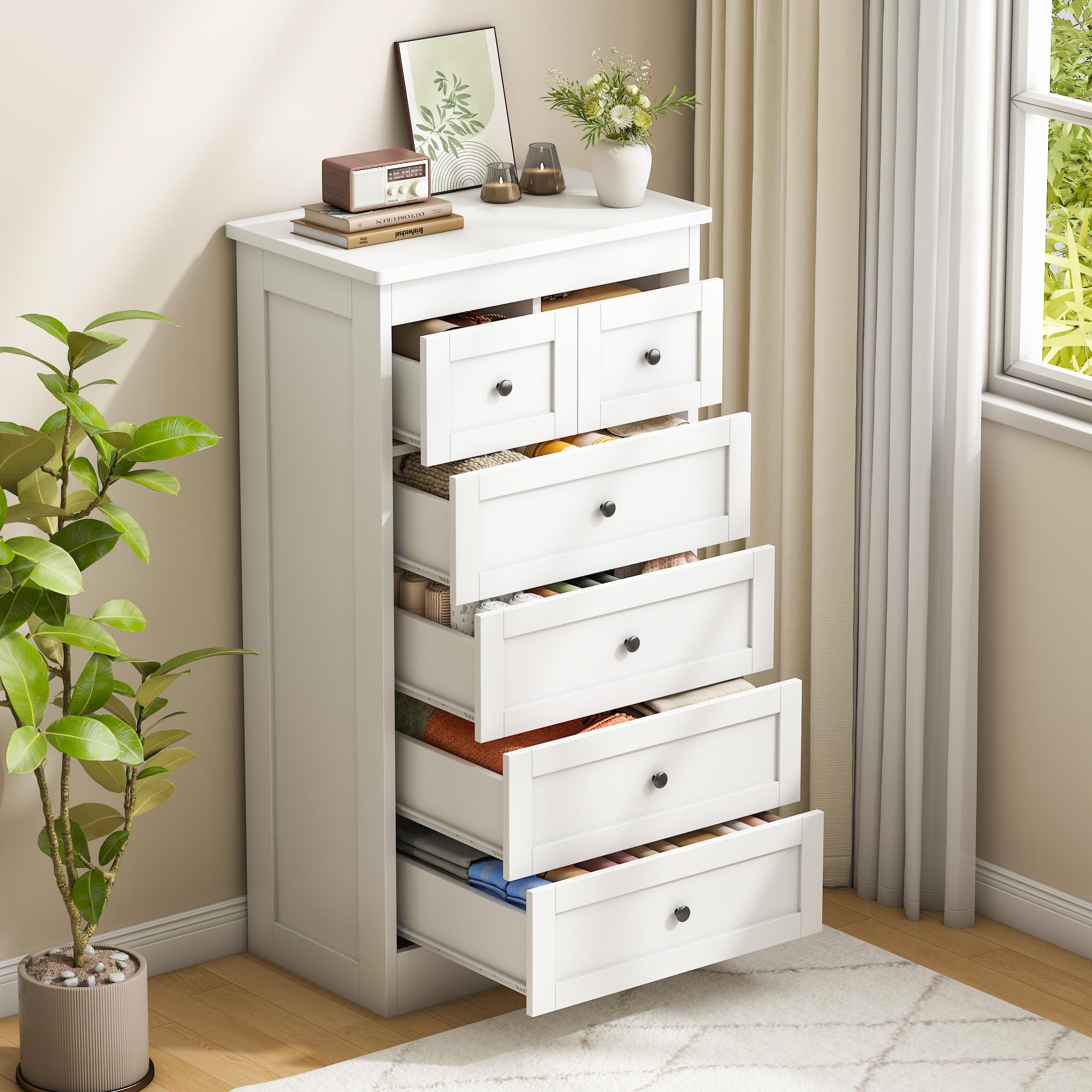 wanan Tall 6 Drawer Dresser for Bedroom, White Modern 43.3'' Tall Wood Chest of Drawers, Storage Organizer with Smooth Metal Rails & Anti-Tip Kit for Closet, Hallway, Living Room