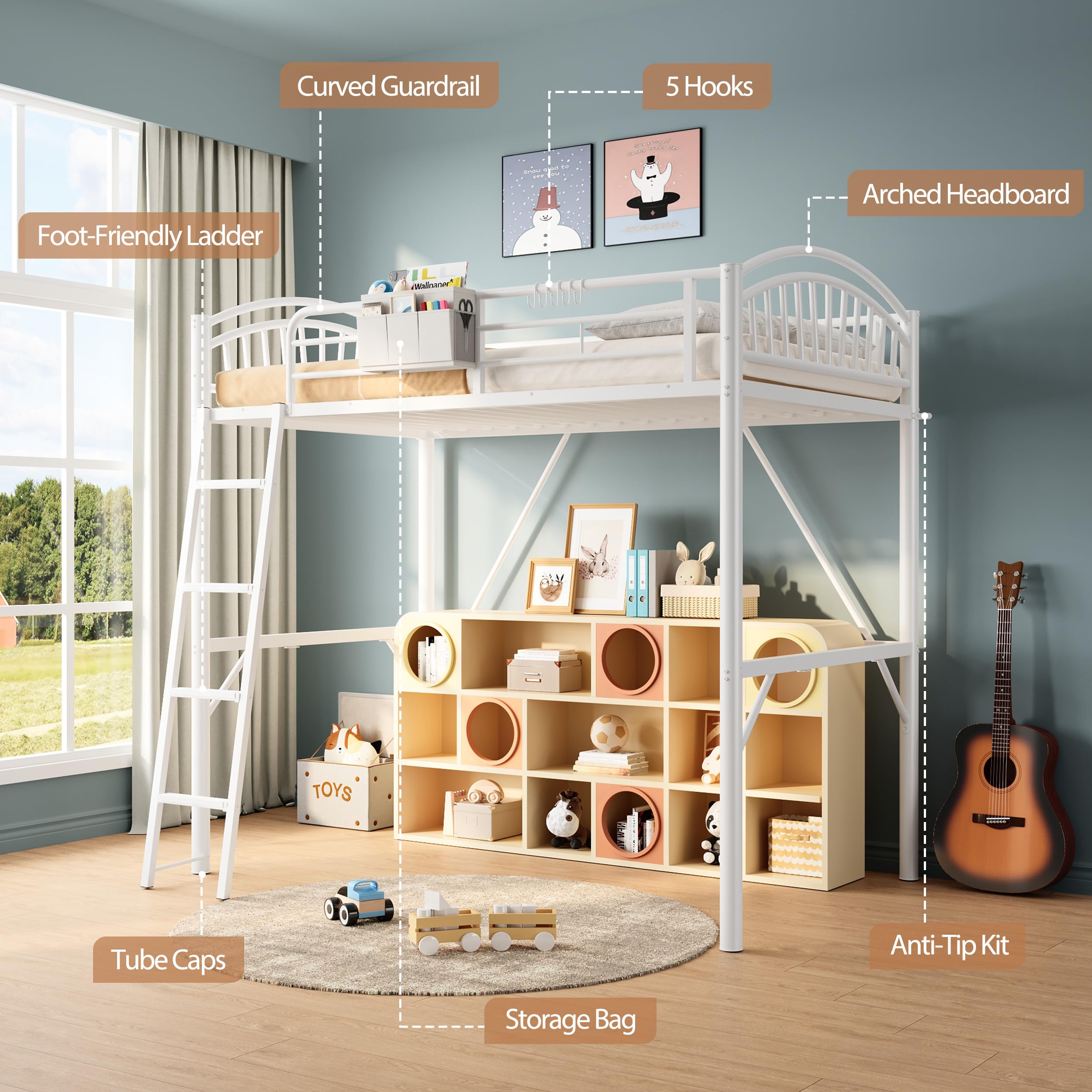 Twin Metal Loft Bed with Convertible Ladder