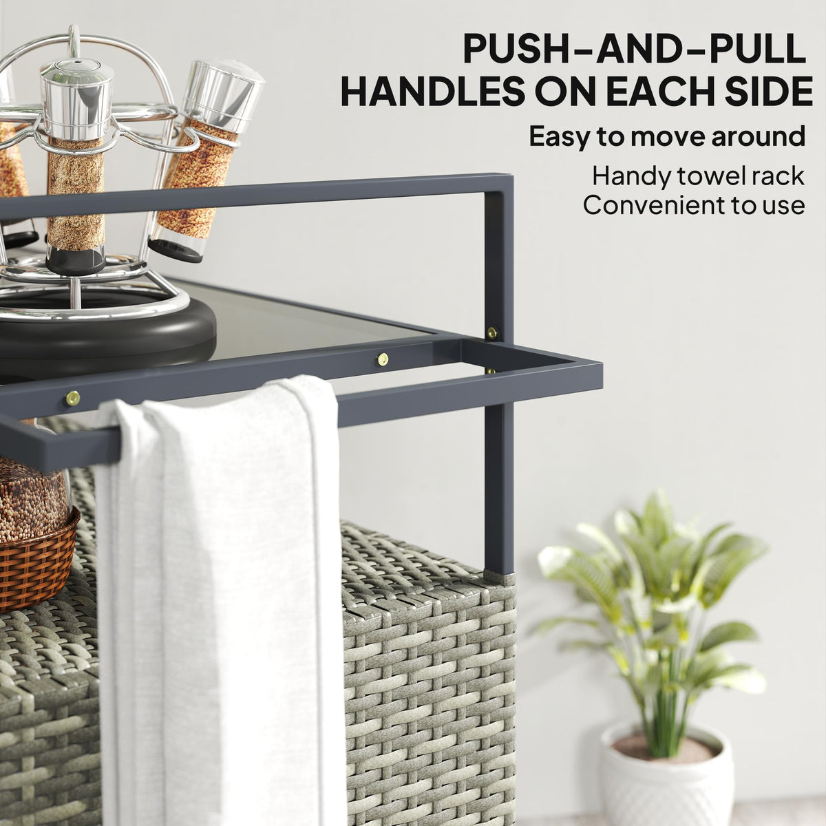 Outsunny PE Rattan Outdoor Storage Cabinet Bar Cart, Wheels, Mixed Gray