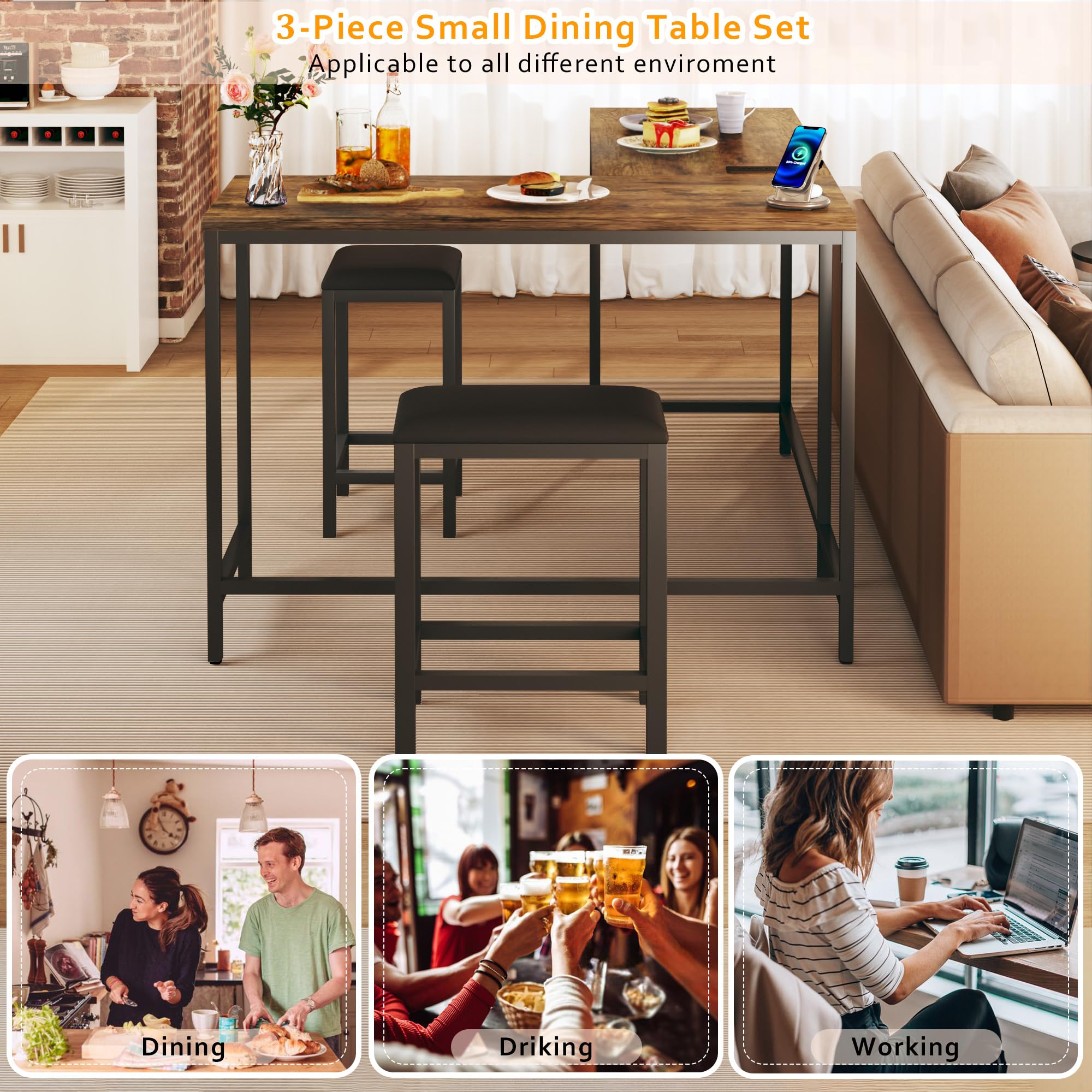 L Shaped Bar Table with Stools, 63‘’ Bar Height Table with Power Outlets, Convertible Corner Counter Height Bar Table with 2 Stools, Rectangular High Top Table for Small Spaces, Breakfast Nook, Rustic