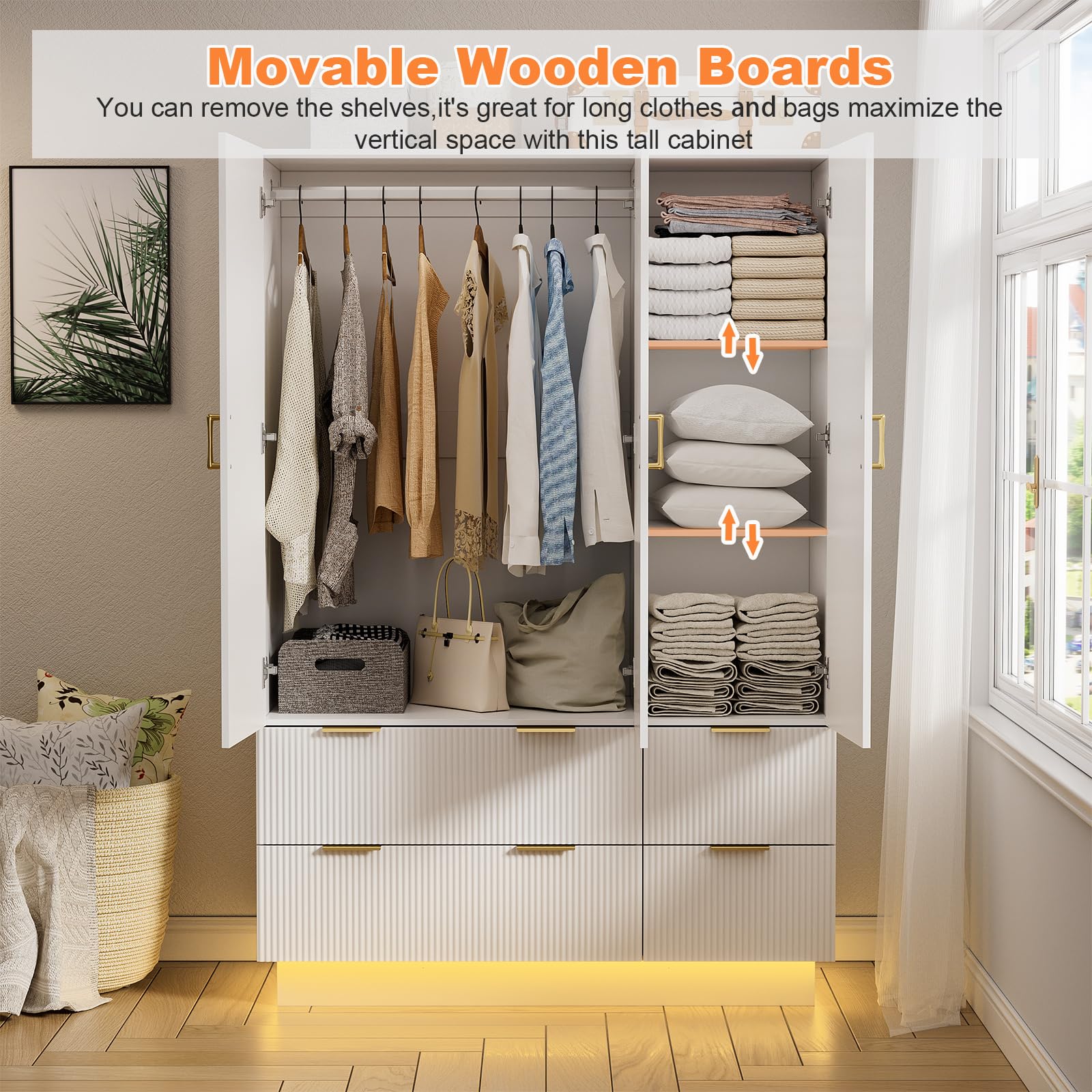 3-Door Wardrobe Closet with Mirror & LED Lights