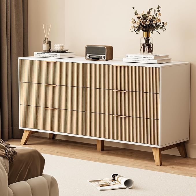 Fluted 6-Drawer Dresser with Wood Legs