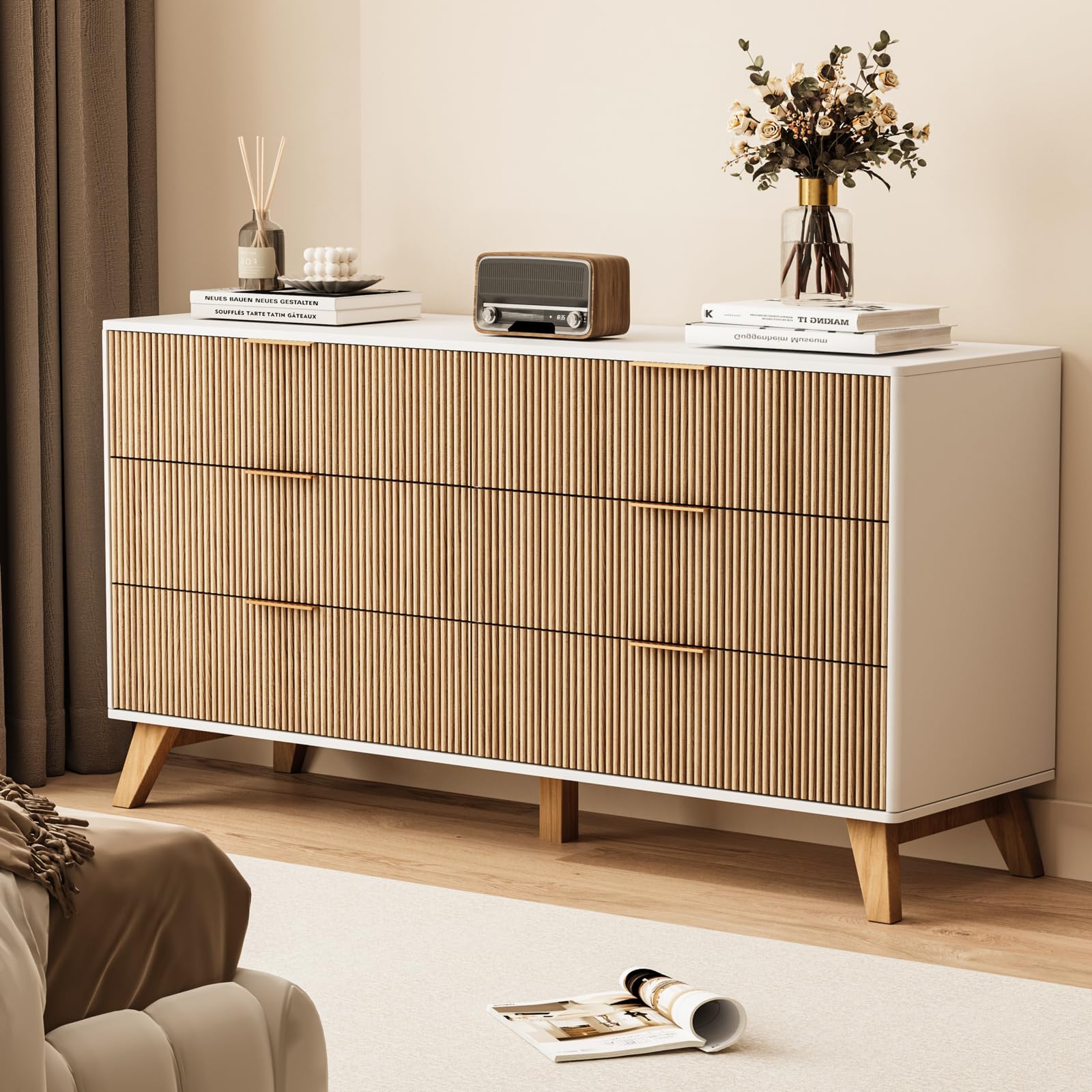 Fluted 6-Drawer Dresser with Wood Legs