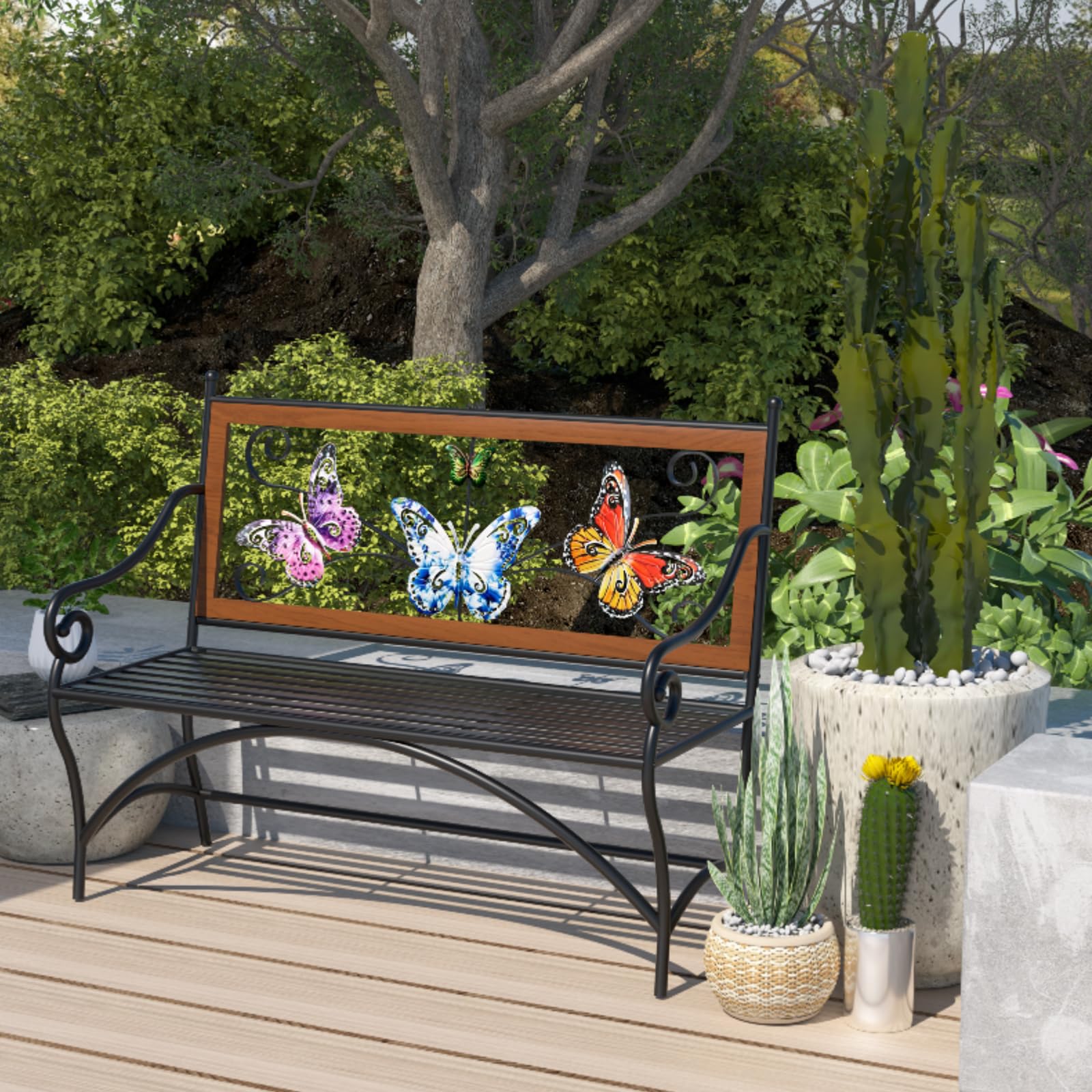Outdoor Garden Bench with Armrest & Butterfly Backrest