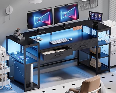 58-Inch Computer Desk with Monitor Stand, LED Lights & Power Outlets