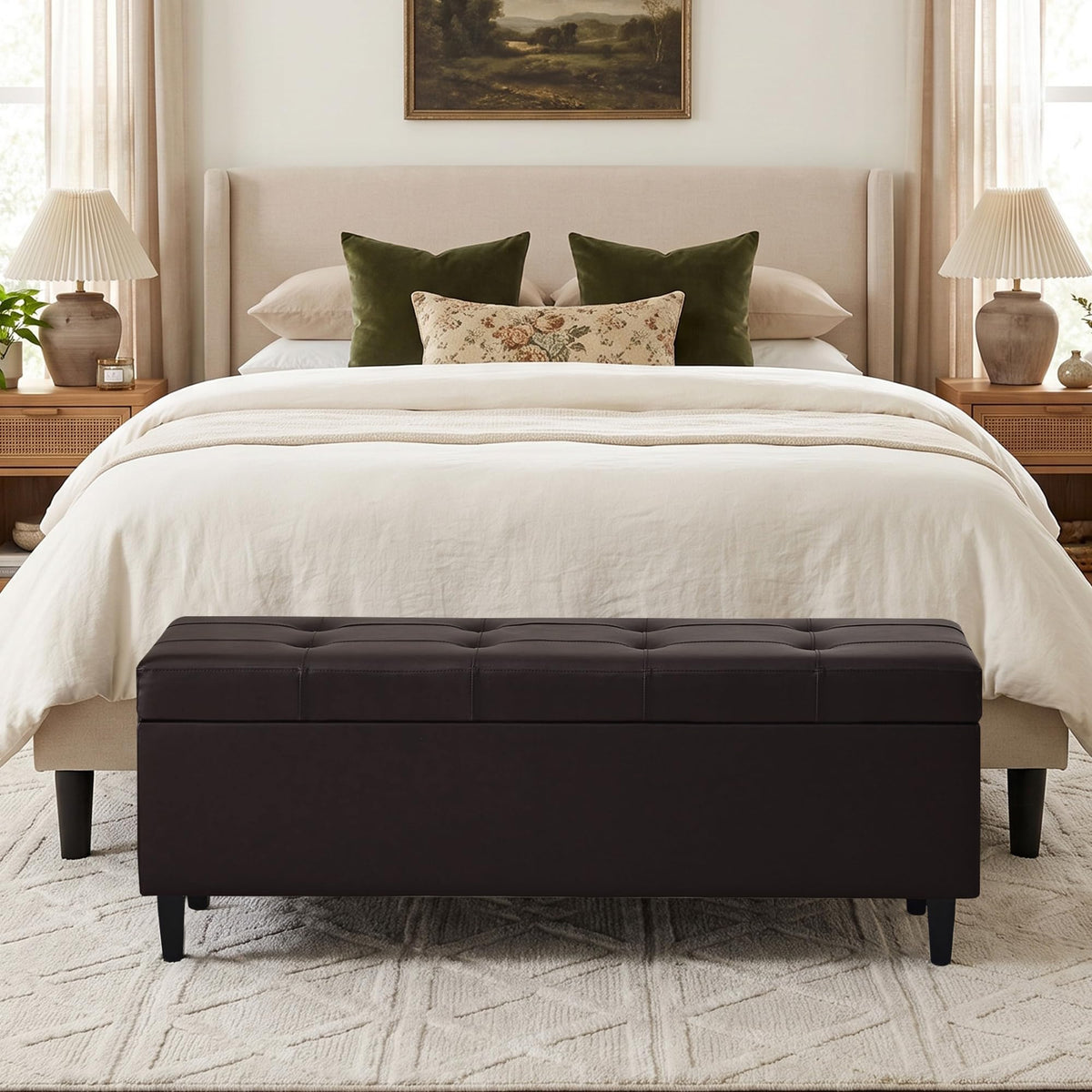 51" Storage Bench, Leather Tufted Storage Ottoman Bench with Wooden Legs