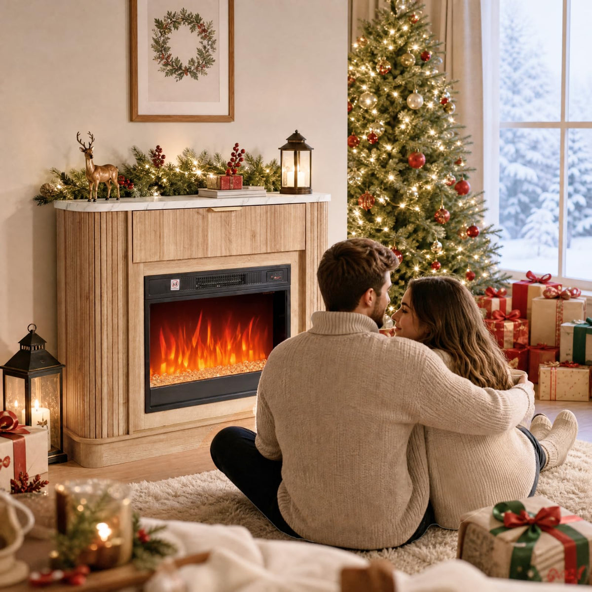 NORTHSKY 39" Farmhouse Electric Fireplace with Mantel, 23" Insert 9‑Color LED Crystal Flame Effect, Freestanding Curved Fluted Wood Fireplace Heater W/Storage&Remote Control for Living Room Bedroom